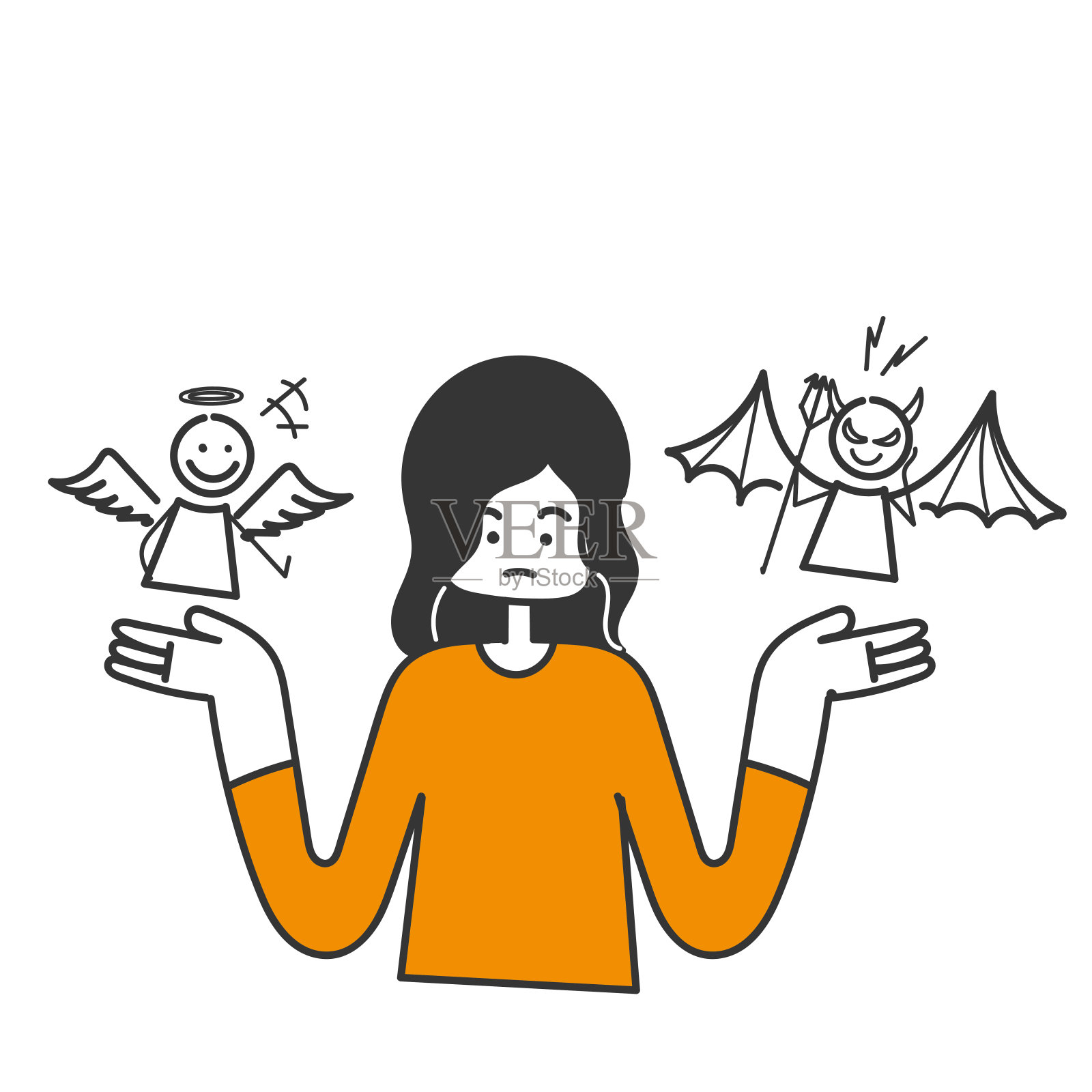 手绘涂鸦的人困惑地选择好天使和坏恶魔插图插画图片素材