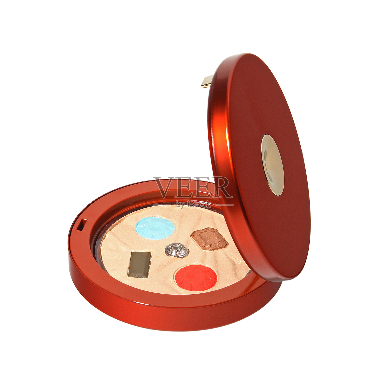 干燥的圆脸粉和眼影在圆形棕色棺材孤立在白色照片摄影图片