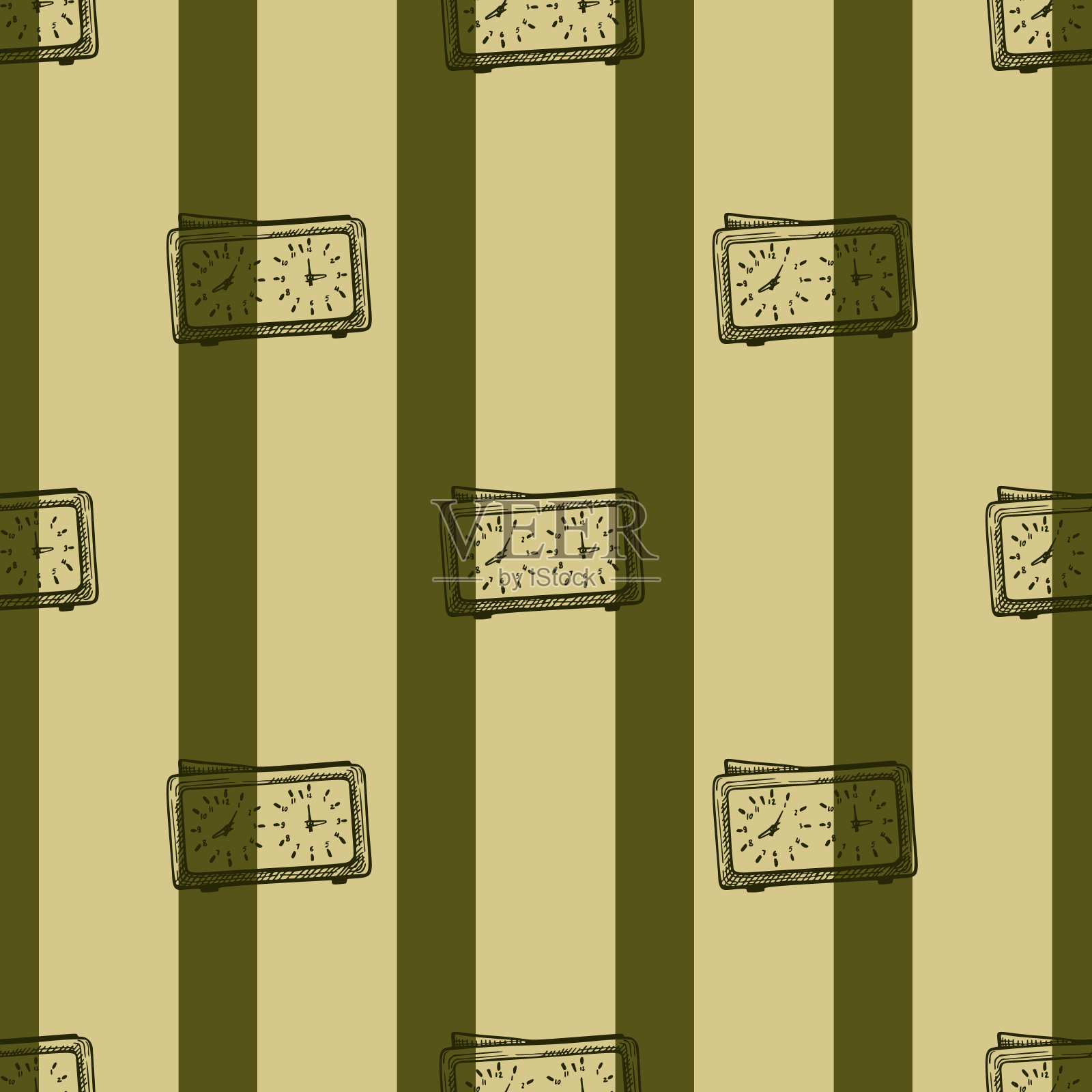 象棋时钟刻无缝图案。复古手表象棋游戏的手绘风格。素描纹理的织物，墙纸，纺织品，印刷，标题，包装纸。矢量插图。插画图片素材