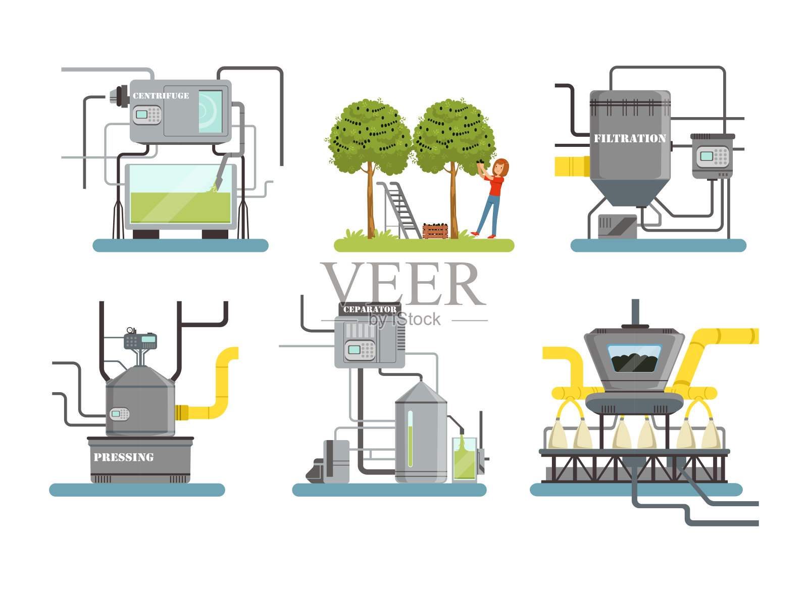 橄榄油厂生产线。不锈钢生产工业设备集卡通矢量插图插画图片素材