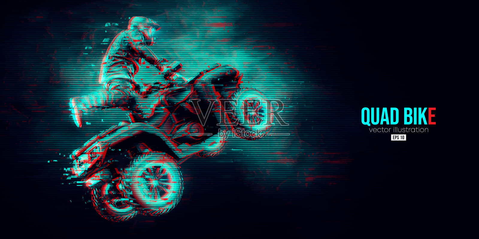 一个亚视四轴自行车的抽象剪影，全地形车辆，孤立的黑色背景。骑手跳上四轮自行车。矢量图插画图片素材