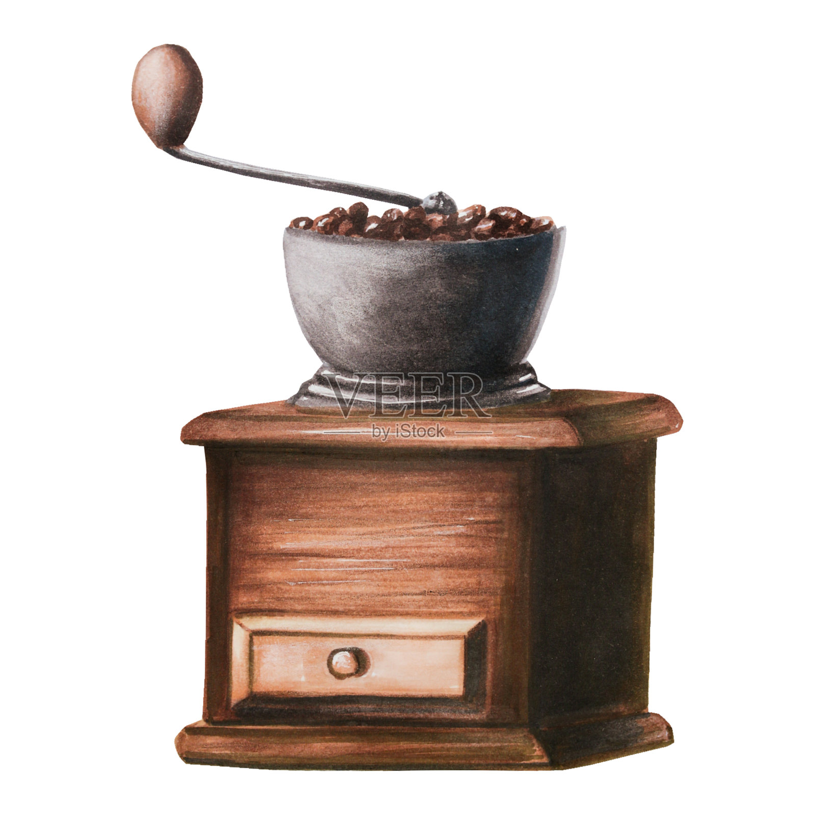 木制咖啡研磨机的水彩插图。手绘在白色孤立的背景。为设计师，菜单，商店，酒吧，小酒馆，餐厅，明信片，包装纸，封面。海报及纺织品插画图片素材