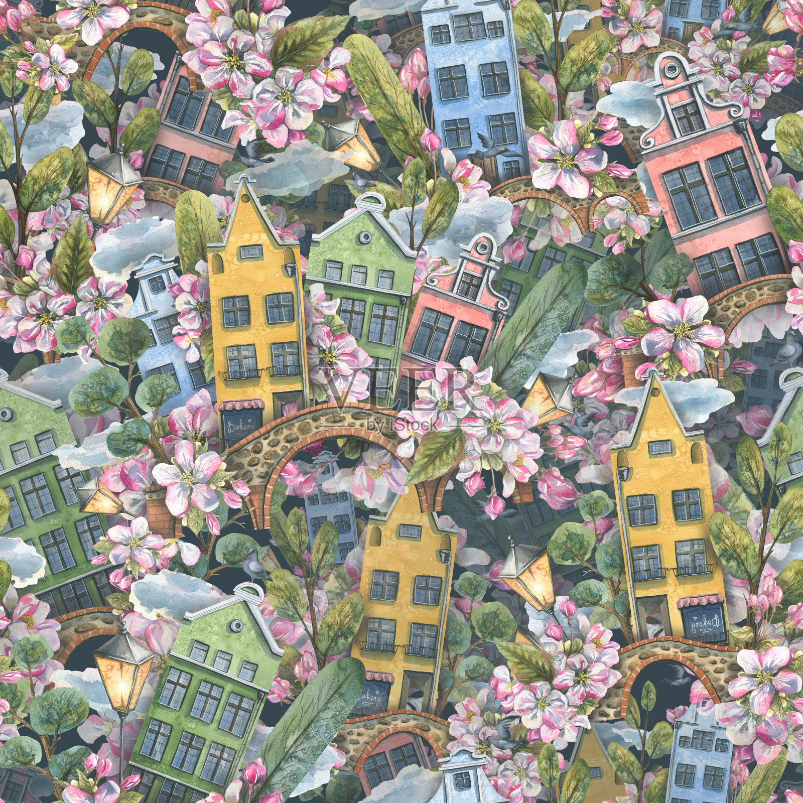 一个可爱的房子，有树，桥，灯笼，鸽子，云和苹果花。水彩插图。弹簧无缝图案来自欧洲house的收藏。面料，壁纸。插画图片素材