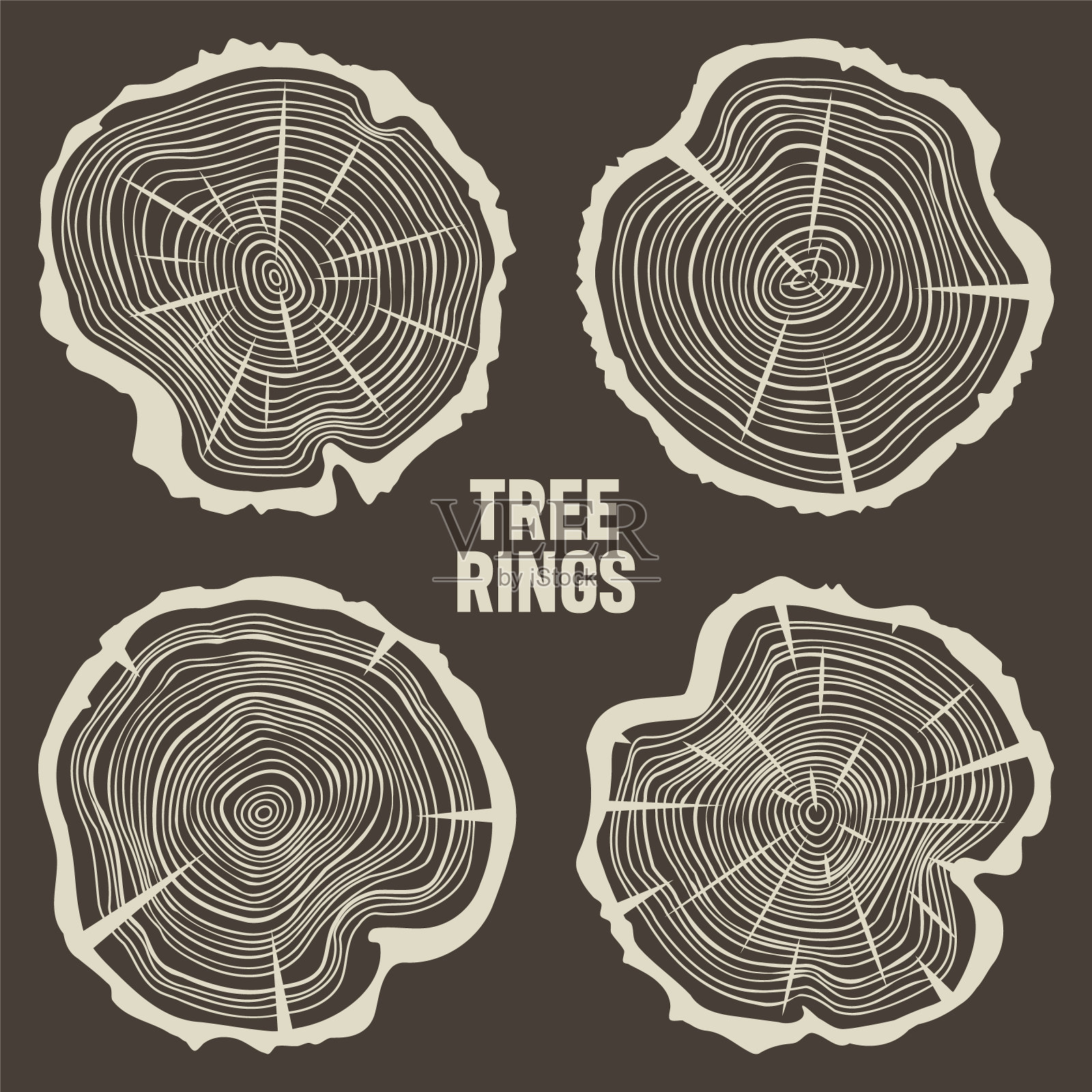 有裂纹的圆形树干，锯过的松木或橡木片，木材。锯木料，锯木头。棕色木质纹理与树木年轮。手绘草图。矢量图插画图片素材