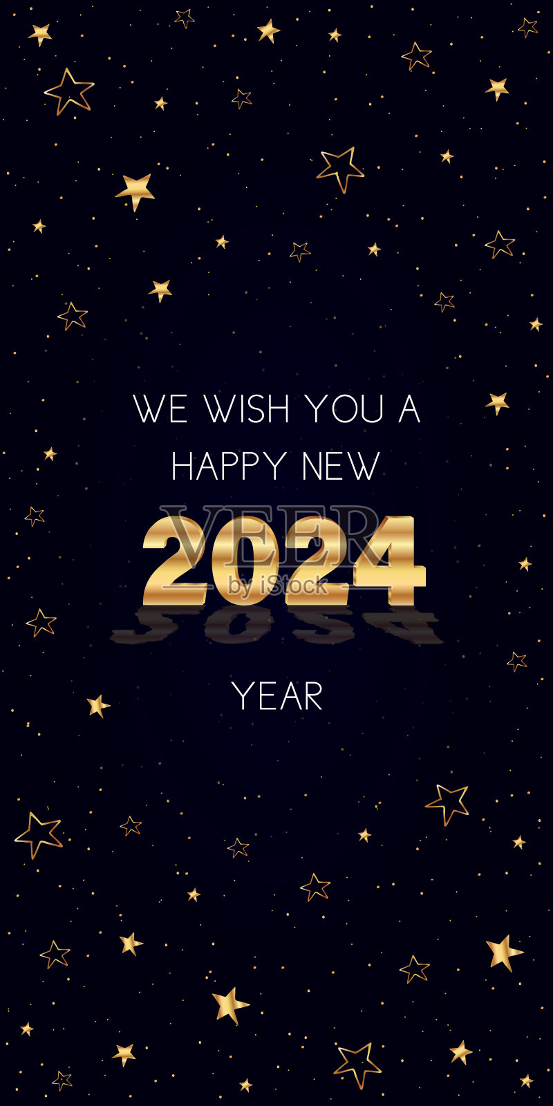 我们祝你2024年新年快乐。垂直的节日横幅，暗红色背景上有金色数字和星星插画图片素材