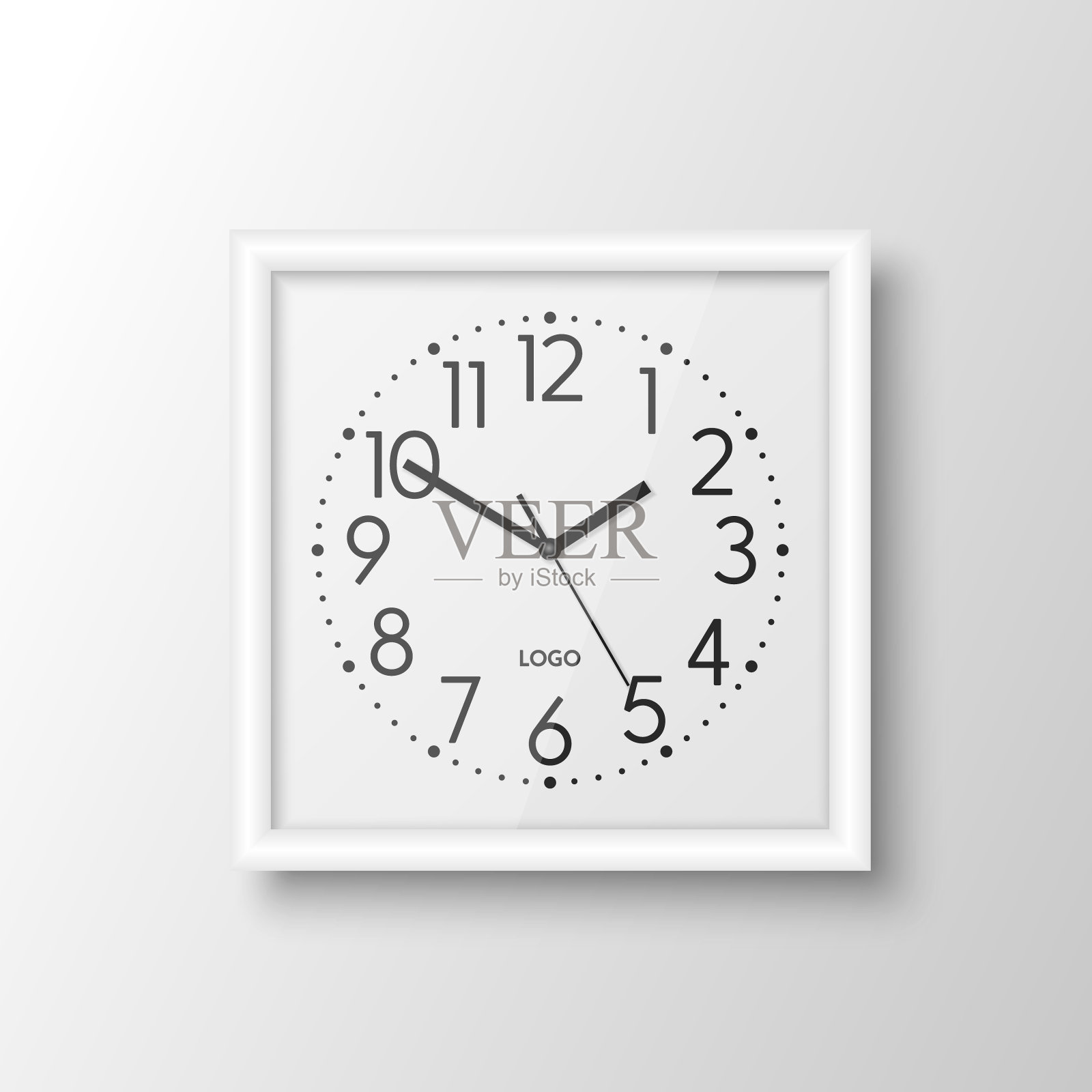 矢量三维现实的白色方形墙办公室时钟，设计模板隔离。白色框架，白色表盘，模型挂钟品牌和广告隔离。钟面设计插画图片素材