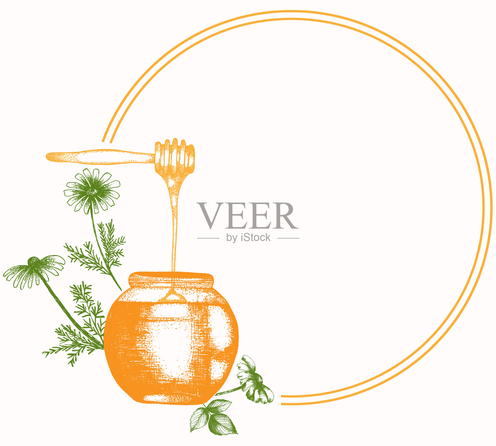 手绘蜂蜜和雏菊花环插图。详细的复古风格剪贴画的颜色。Vintage素描框架标签，包装和卡片设计。凉茶架插画图片素材