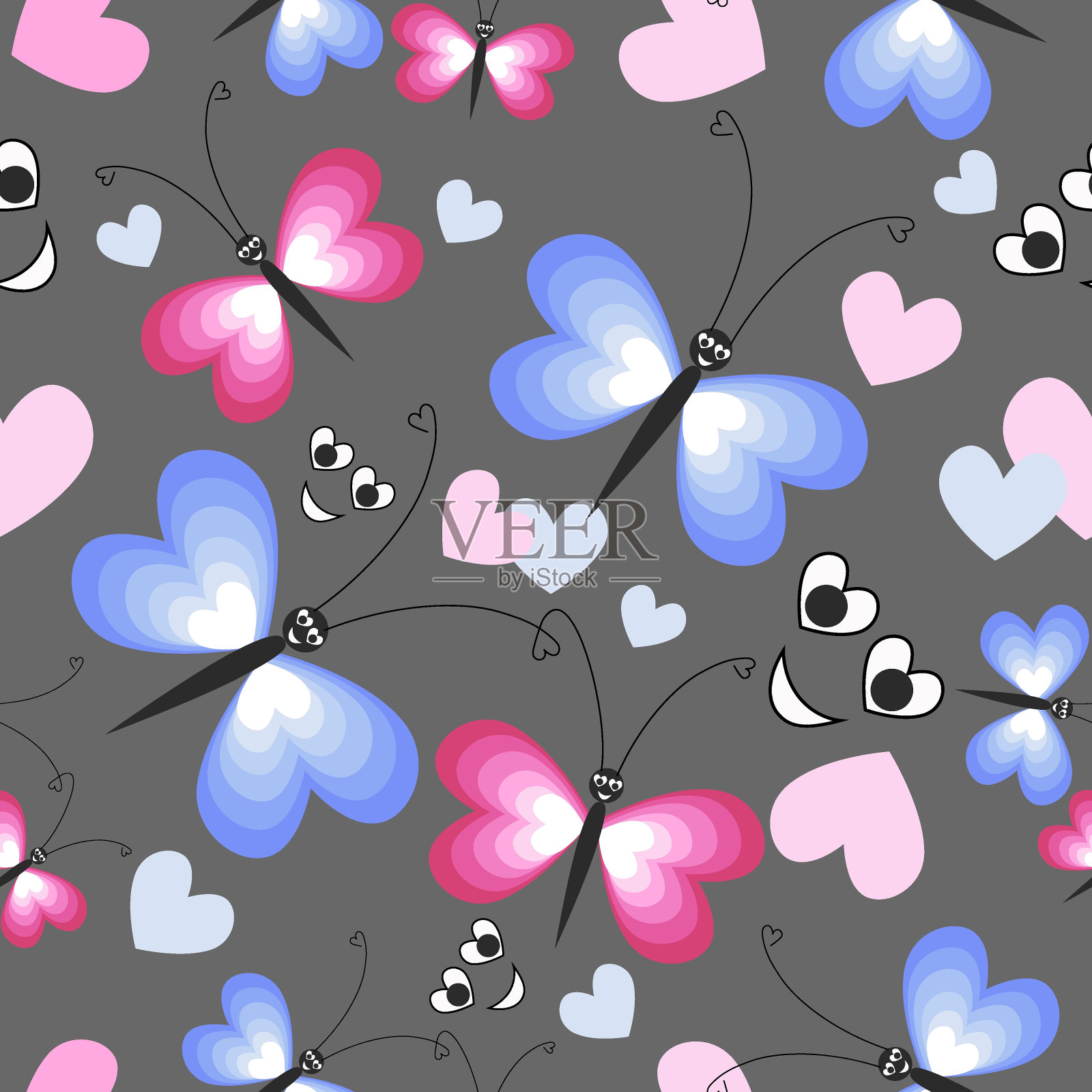 无缝的蝴蝶和心形图案在蓝色和粉红色。灰色背景上的蝴蝶图案。矢量插图。插画图片素材