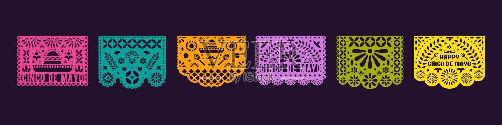 一套剪纸组成的纸花环。5月5日，墨西哥节日Cinco de Mayo。Papel Picado模板。插画图片素材