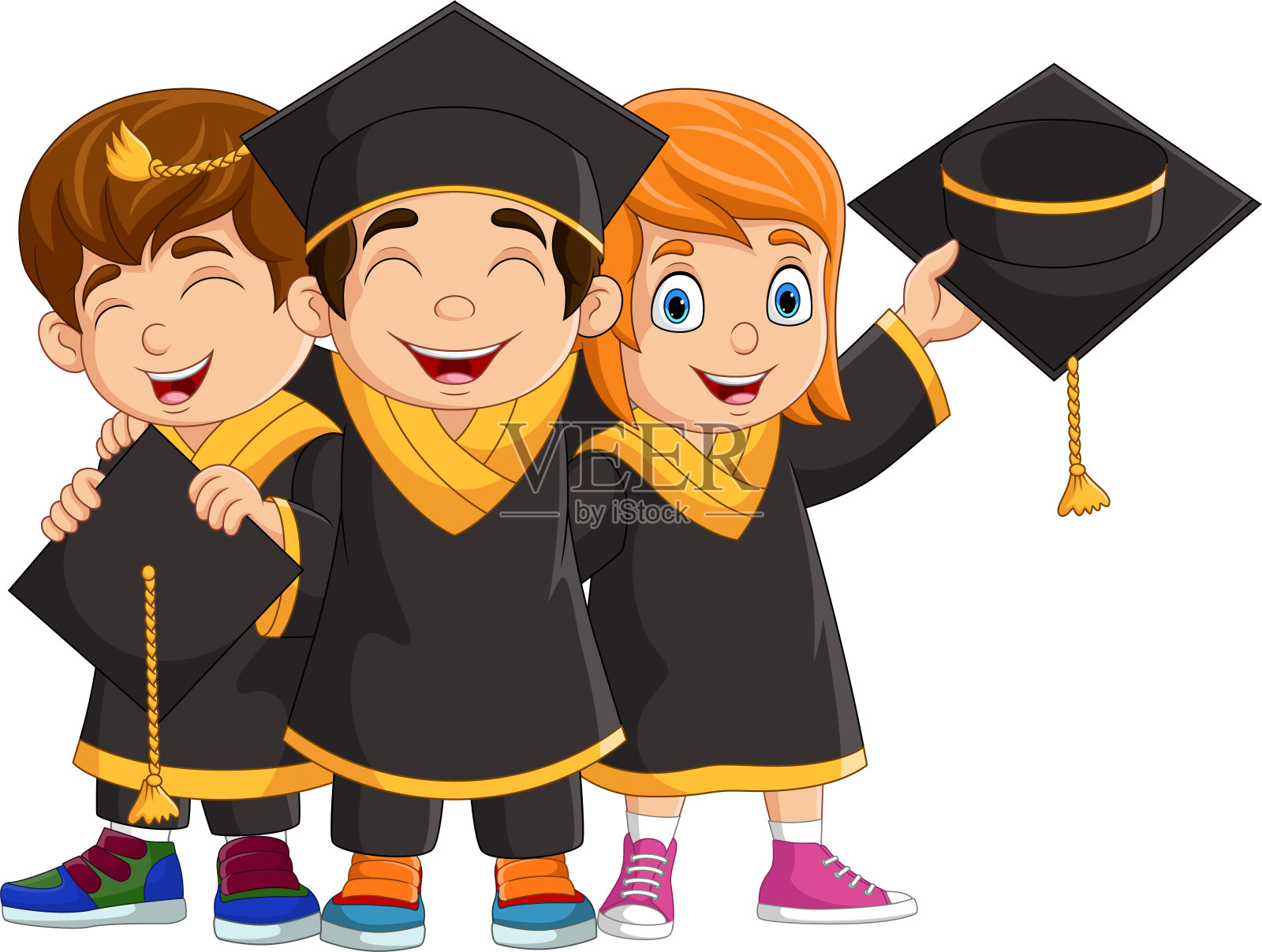 穿着黑色服装的卡通毕业儿童插画图片素材