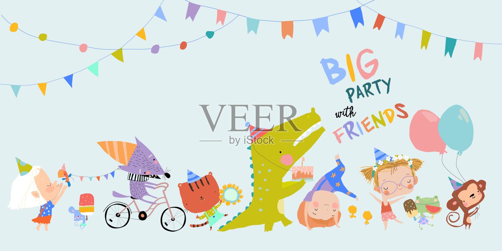 可爱动物庆祝节日的生日卡片设计模板素材