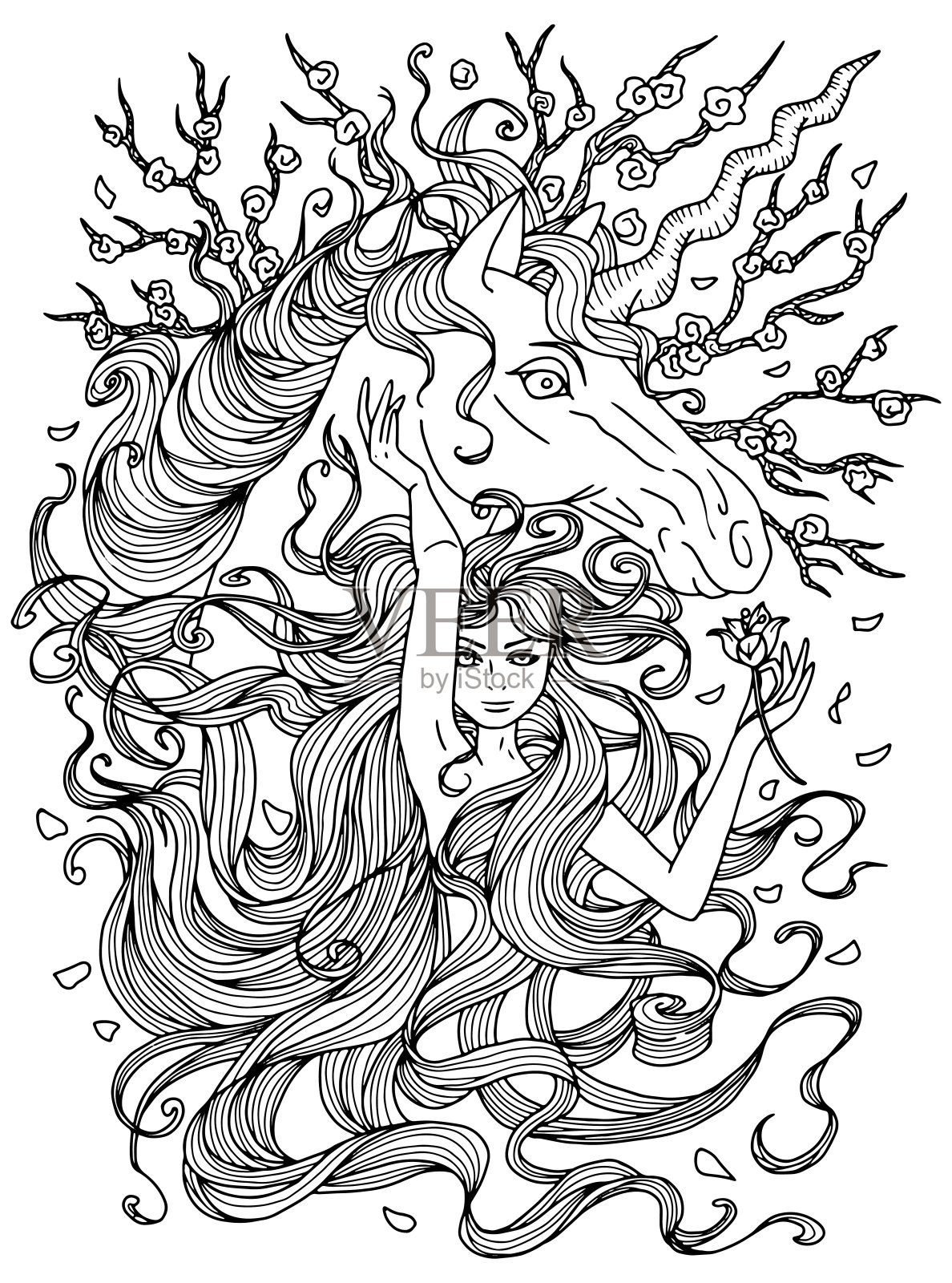 幻想线艺术插图与美丽的公主女孩和独角兽着色。插画图片素材