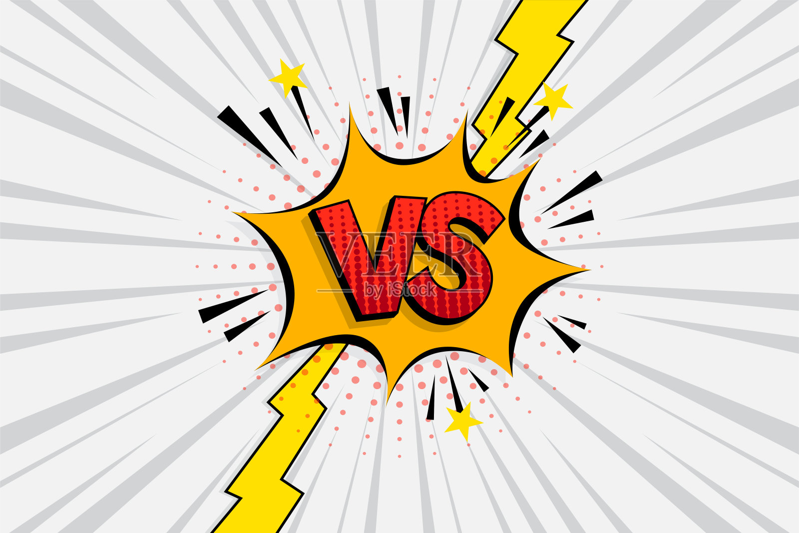 VS字母对抗白色背景平面漫画风格设计与半色调，闪电。矢量图插画图片素材