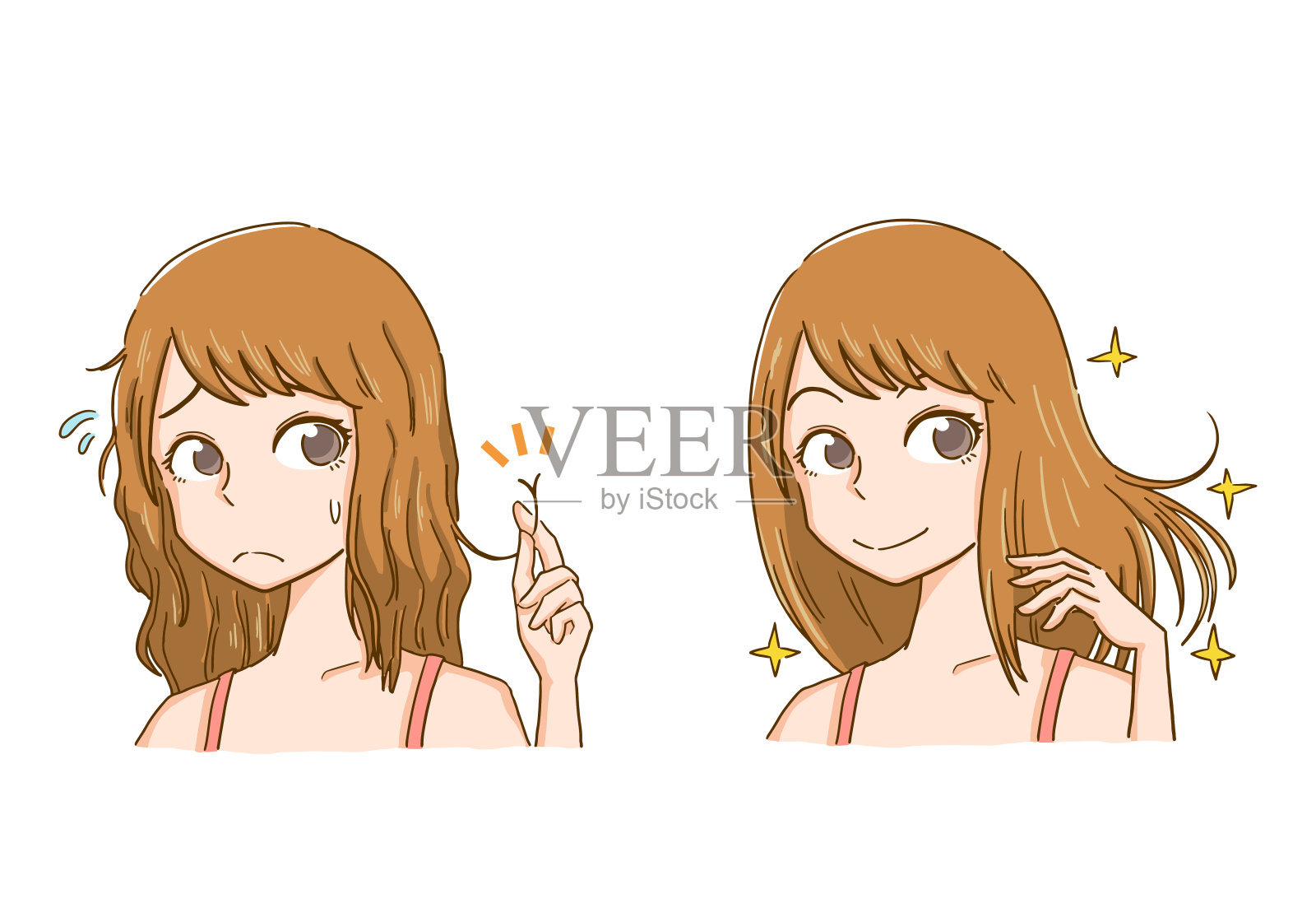 头发受损的女人和头发漂亮的女人插画图片素材