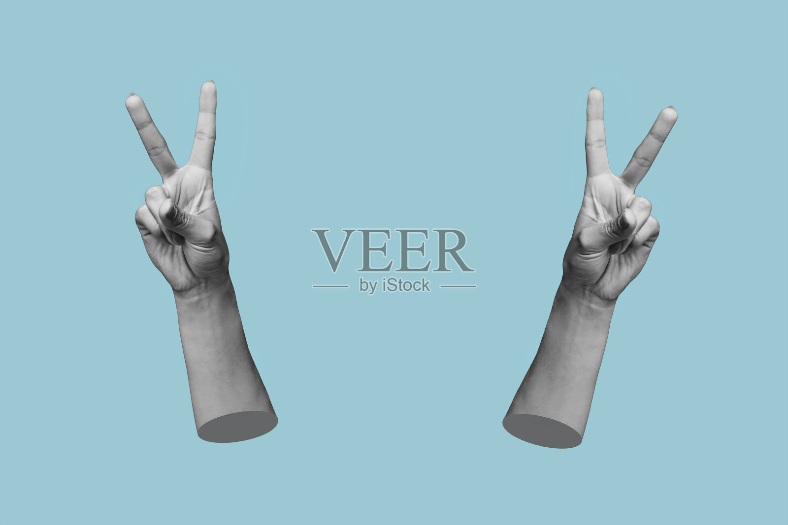 两个3d女性的手显示和平的姿态孤立在蓝色的背景照片摄影图片