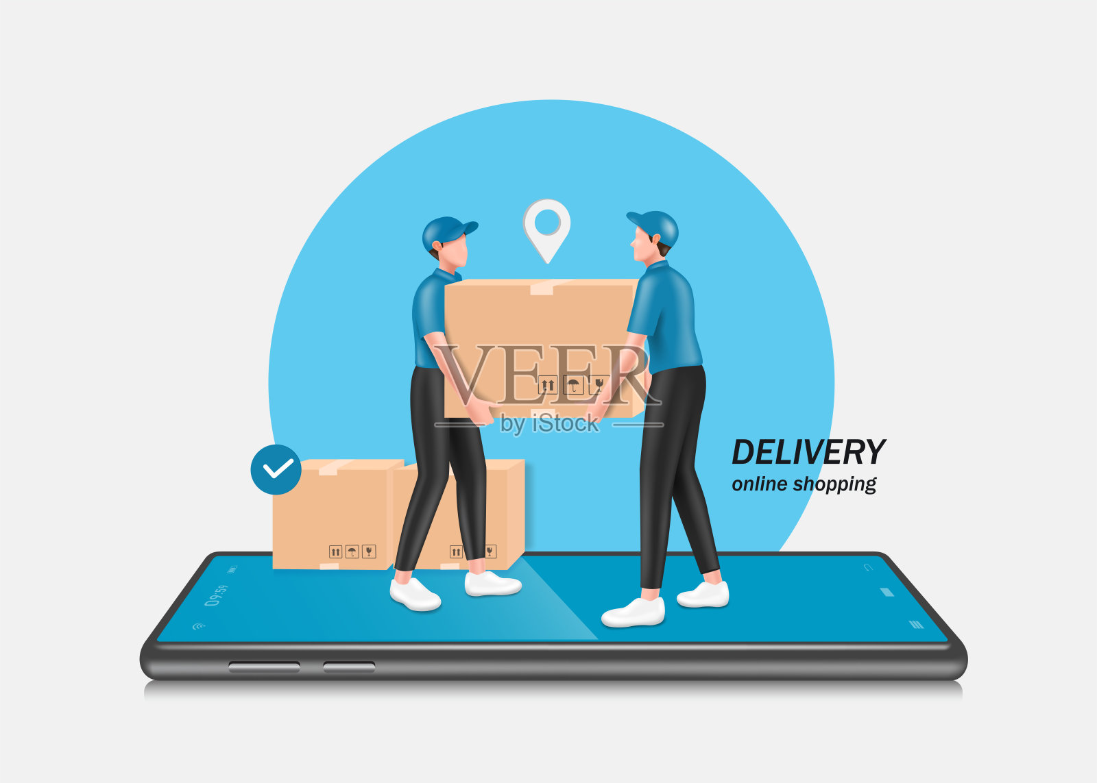 两名身穿制服的男快递员站在智能手机上，帮助抬箱子送快递给顾客插画图片素材