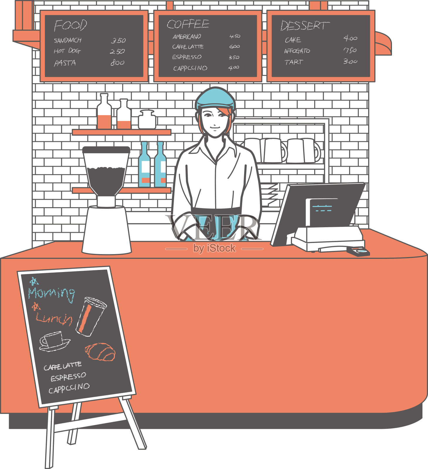 A female waitress stands inside a café checkout counter. Panoramic view.插画图片素材