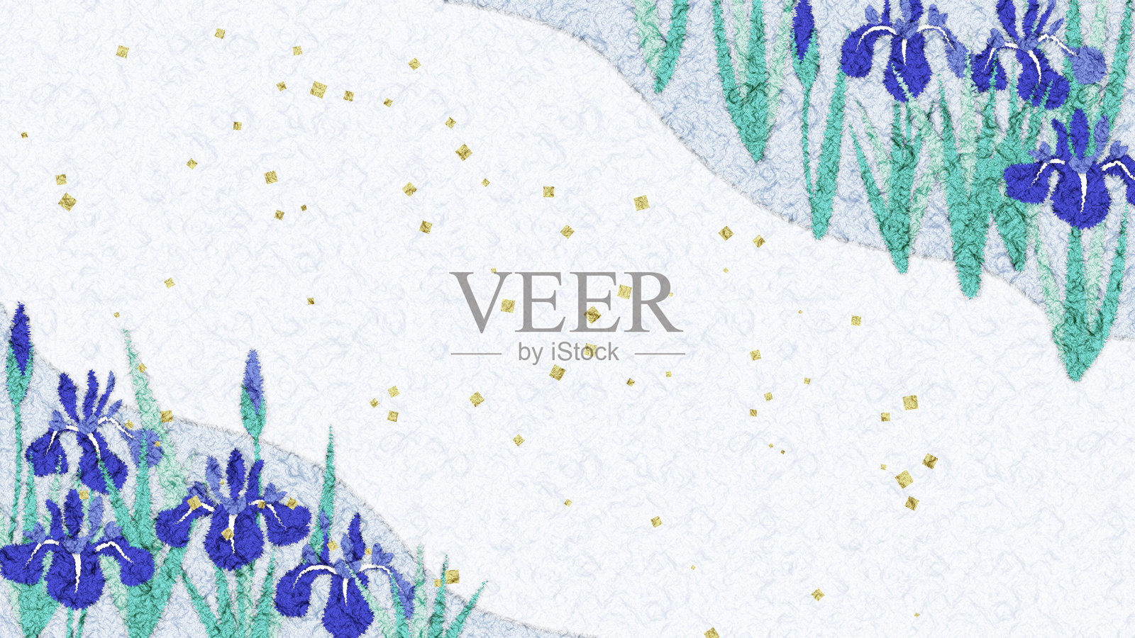 鸢尾花日本纸千叶画风插图，复制空间可用插画图片素材