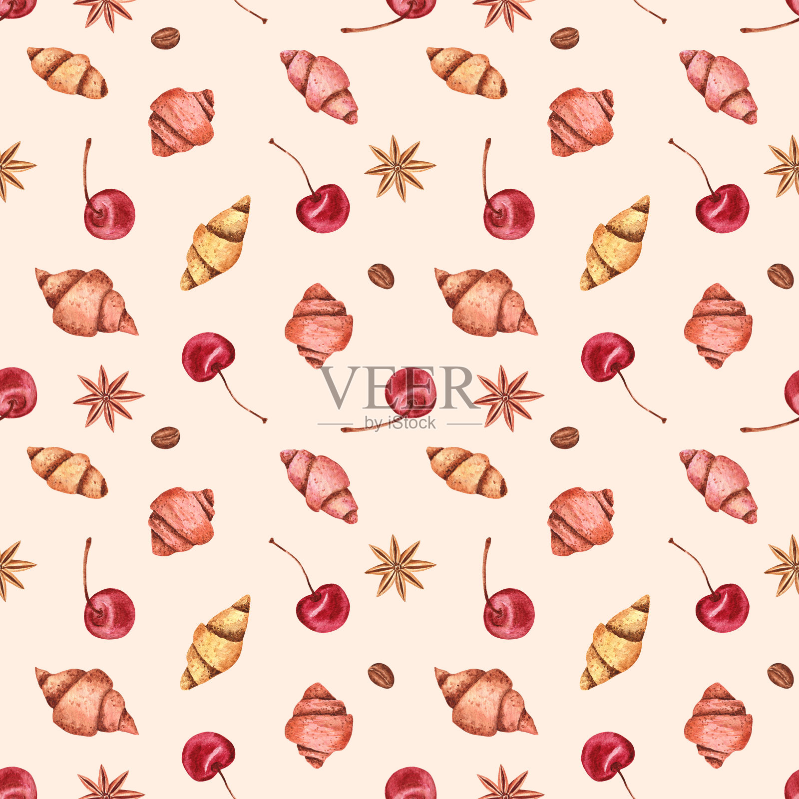 牛角面包和樱桃无缝的图案插画图片素材