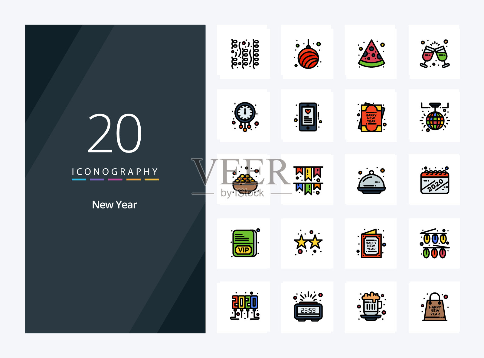 20个新年线填充图标的介绍图标素材