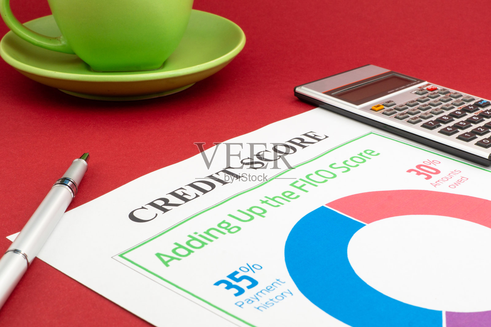 信用评分报告和计算器在红色的桌子上。照片摄影图片