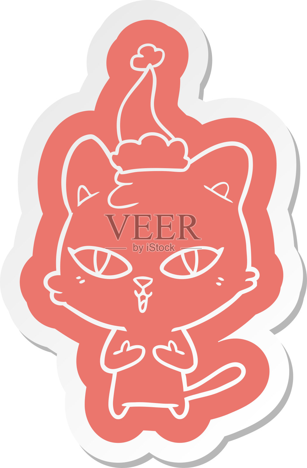 古怪的卡通贴纸，猫戴着圣诞老人的帽子插画图片素材