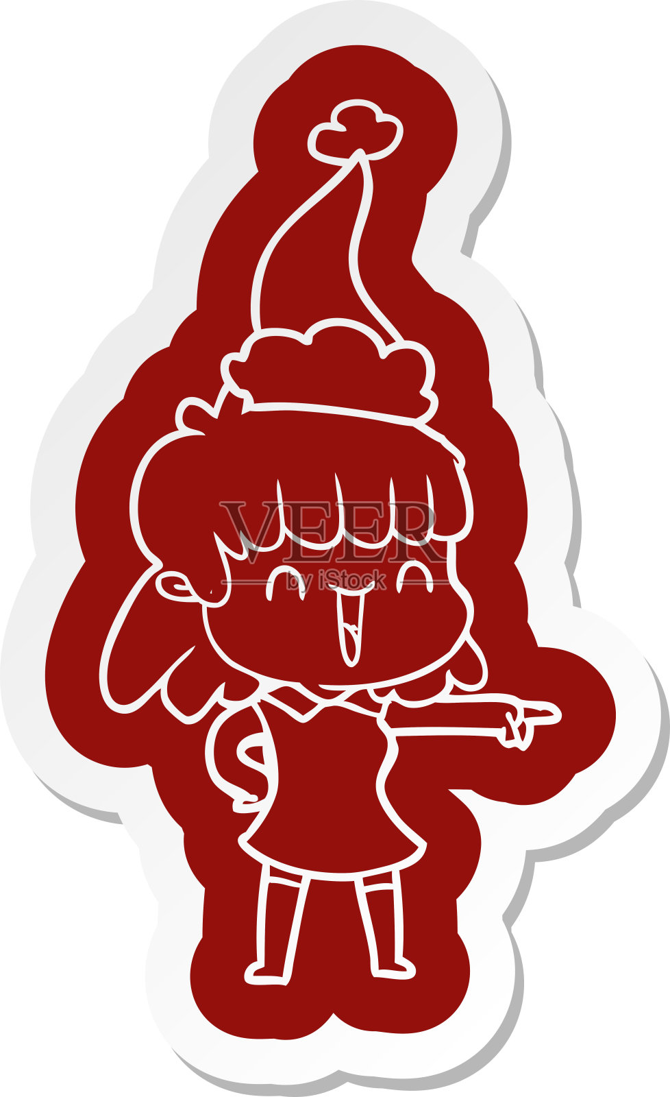 古怪的卡通贴纸，一个快乐的女孩戴着圣诞老人的帽子设计元素图片