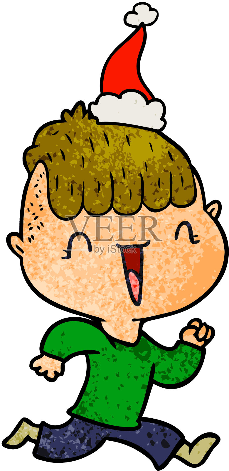 手绘纹理卡通的一个快乐的男孩惊讶戴着圣诞老人的帽子设计元素图片