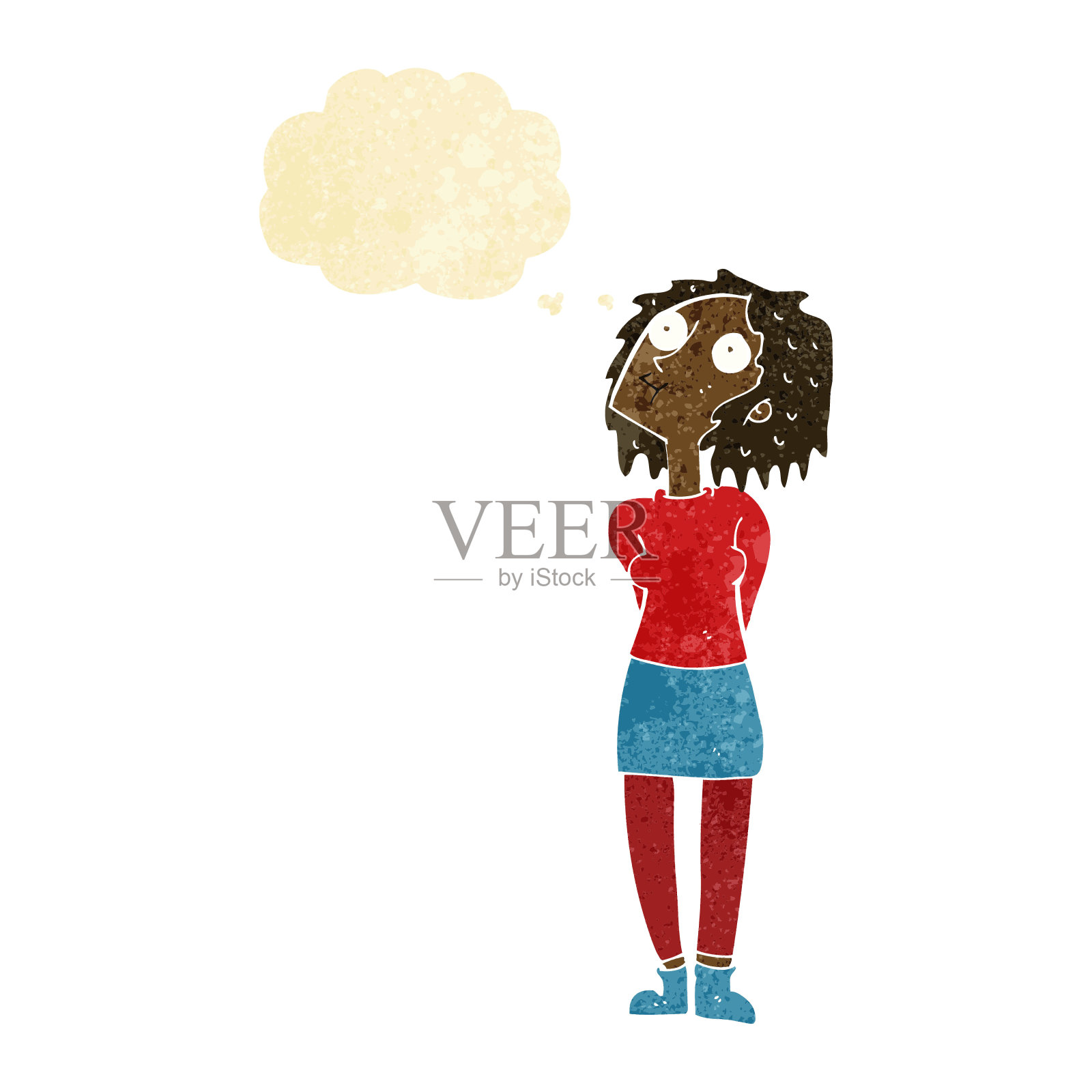 卡通好奇的女人与思想泡泡插画图片素材