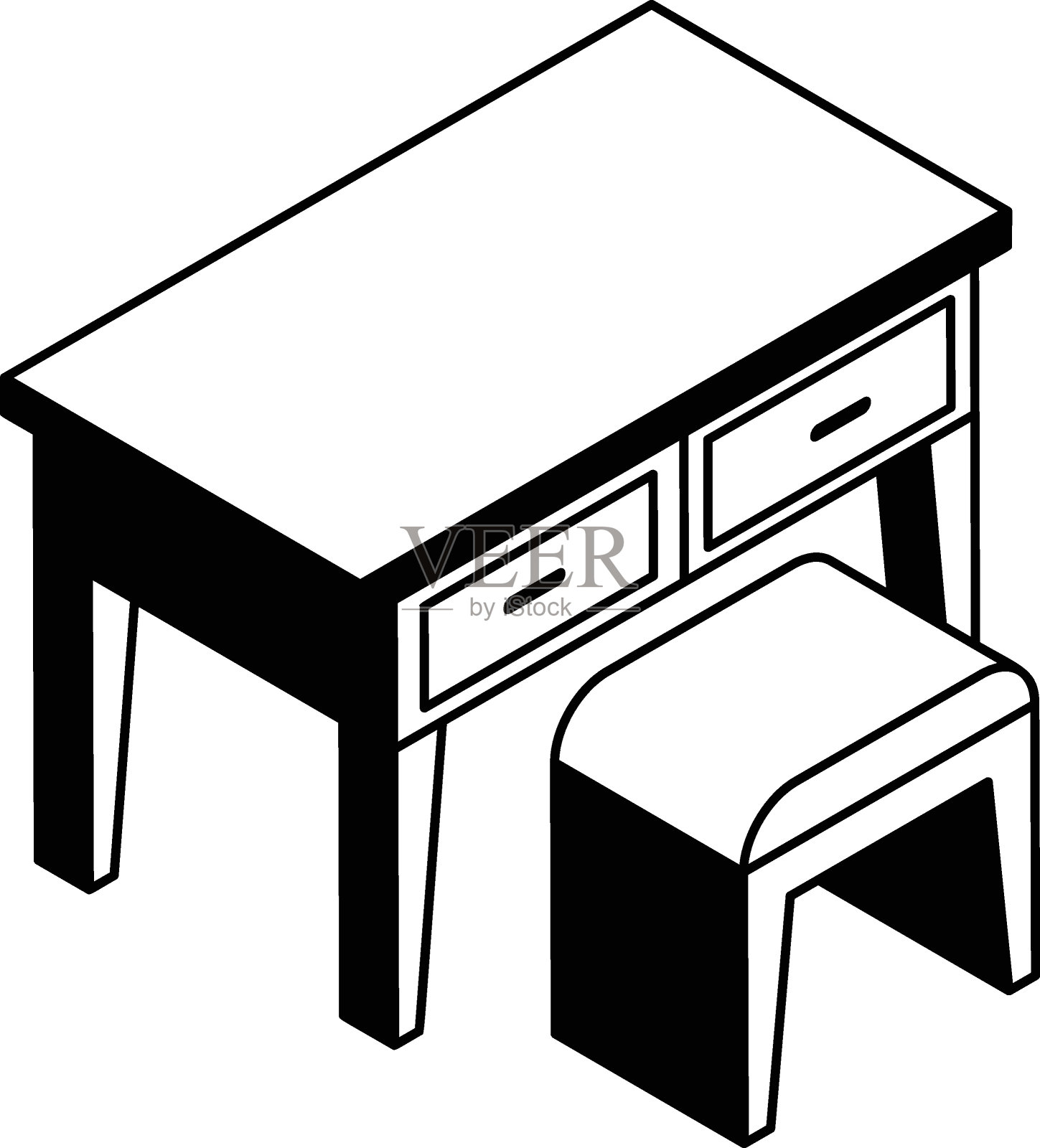 控制台和凳子等距矢量图标设计，室内设计符号，家庭办公室装饰标志，住宅和商业装饰元素库存插图，走廊桌子与抽屉概念插画图片素材