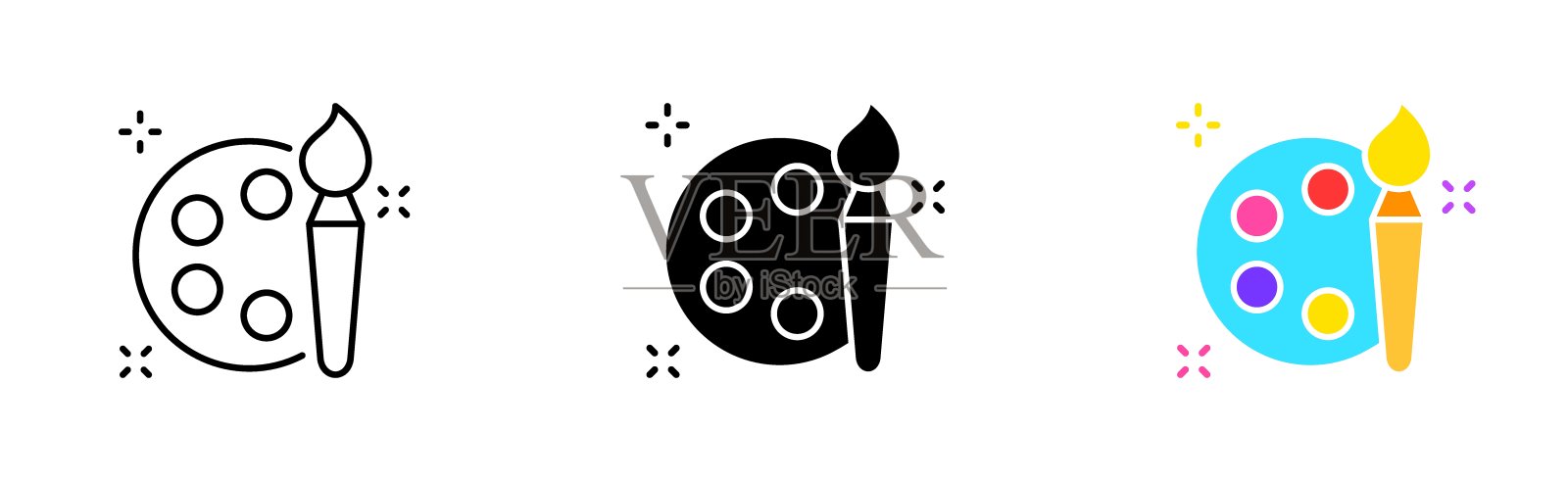 画笔与调色板设置图标。创意，创意职业，指南针，拼图，手，画笔，钢笔工具，素描，图画。矢量图标在直线，黑色和彩色的风格图标素材