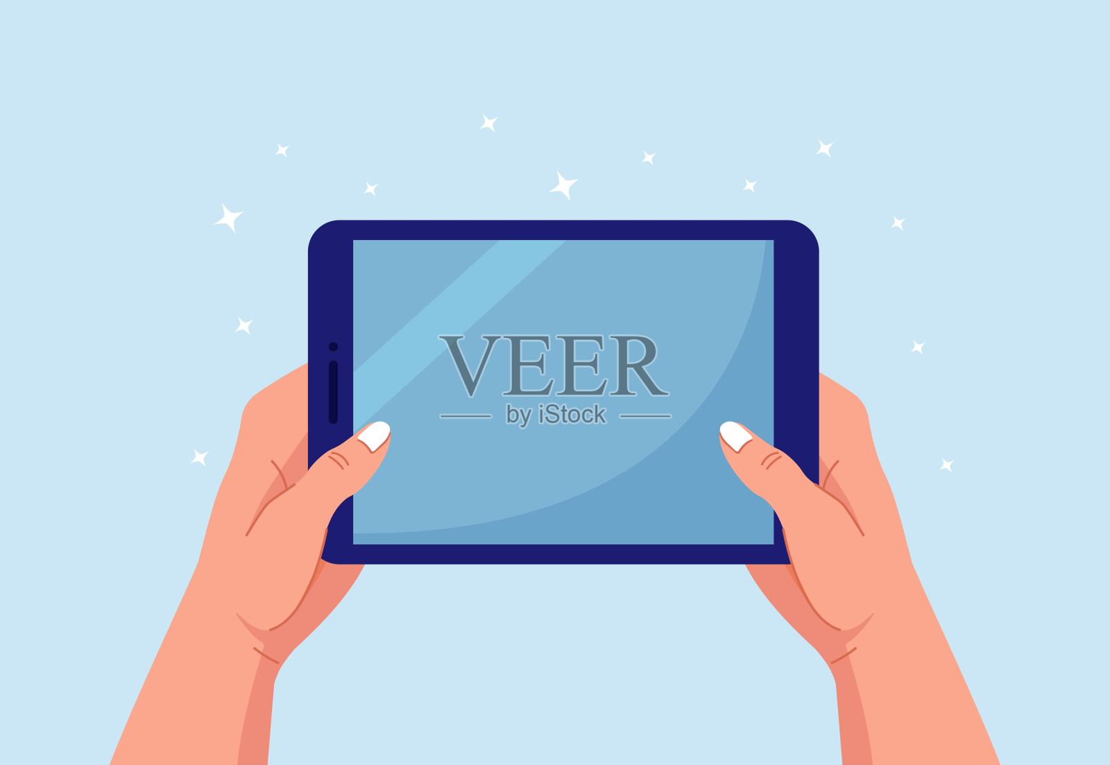 手握和指向数字平板电脑。男子触摸平板电脑的空白屏幕插画图片素材