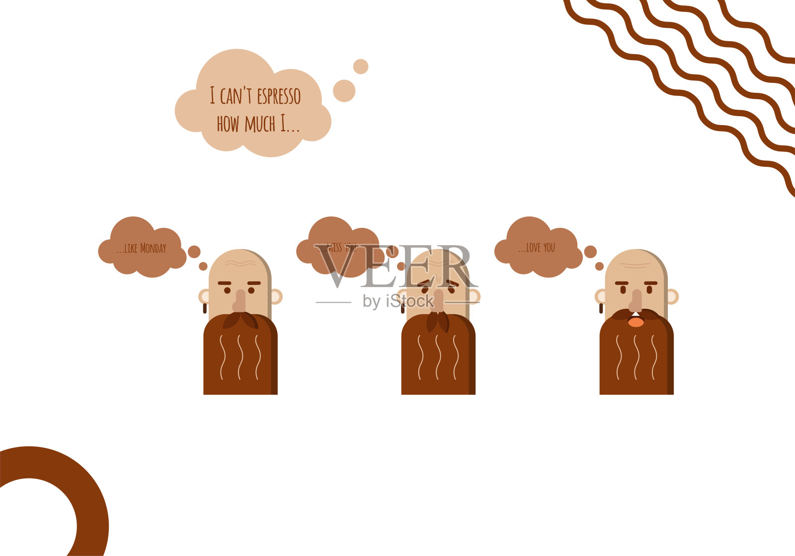 咖啡师面对不同的情绪。一组男性面部表情。大胡子男人角色向量插画图片素材