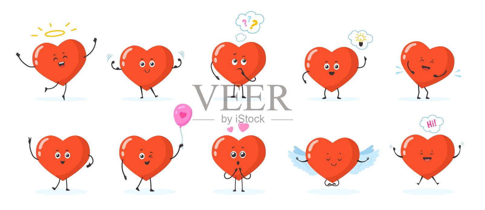 卡通心脏姿势。心形表情符号人物笑脸腿翅膀和手臂，搞笑的爱贴纸表情包吉祥物健康可爱的宝宝漫画绘制集矢量插图插画图片素材