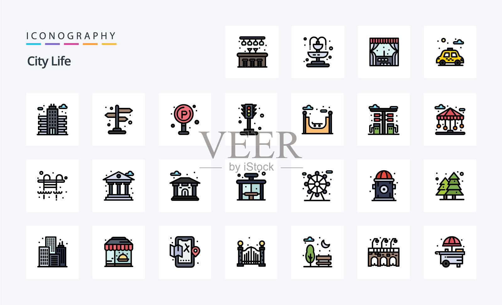 25个城市生活线填充风格图标包图标素材