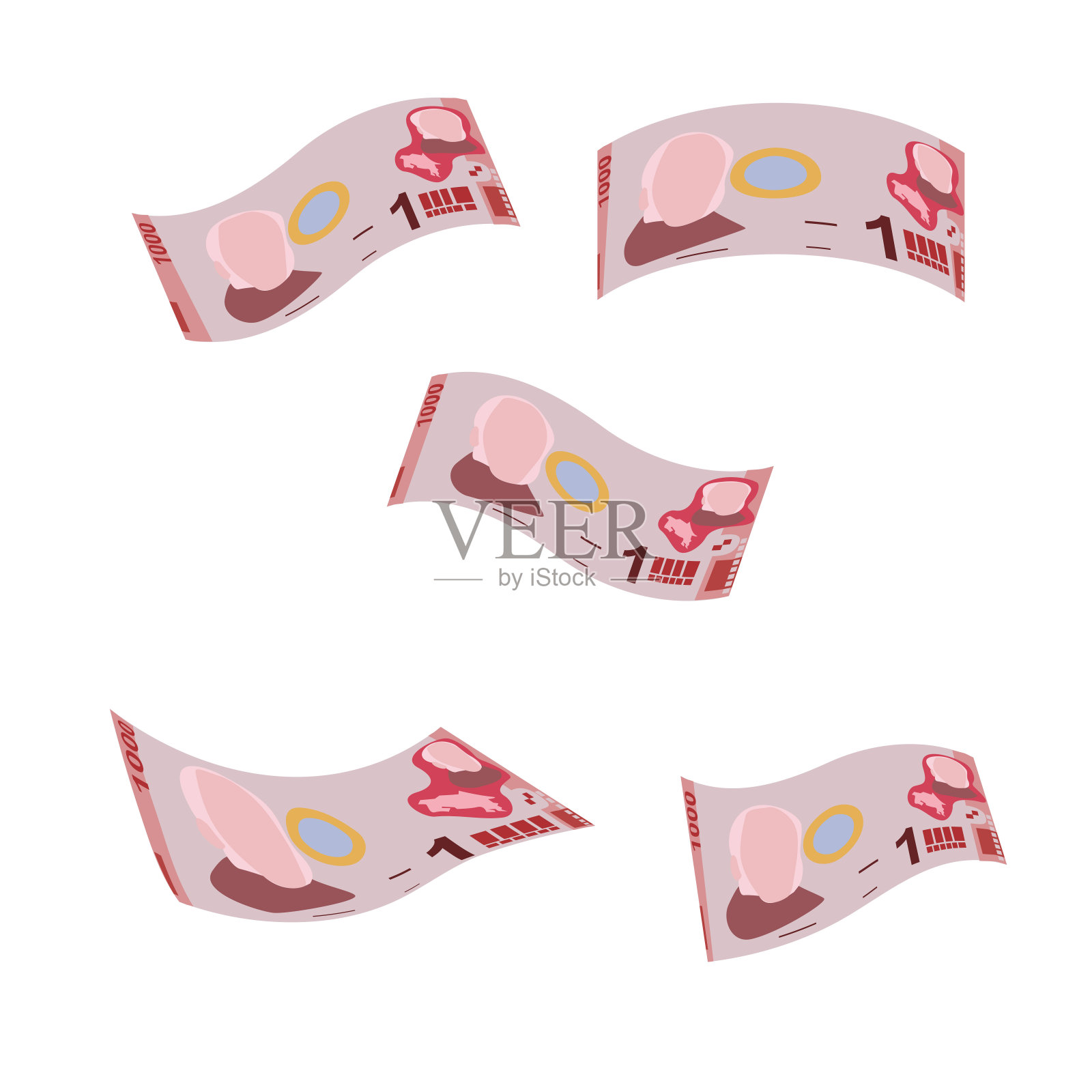 哥斯达黎加的冒号矢量插图。哥斯达黎加货币套装捆扎钞票。坠落，飞钱1000 CRC。平的风格。孤立在白色背景上。简单的最小设计。插画图片素材