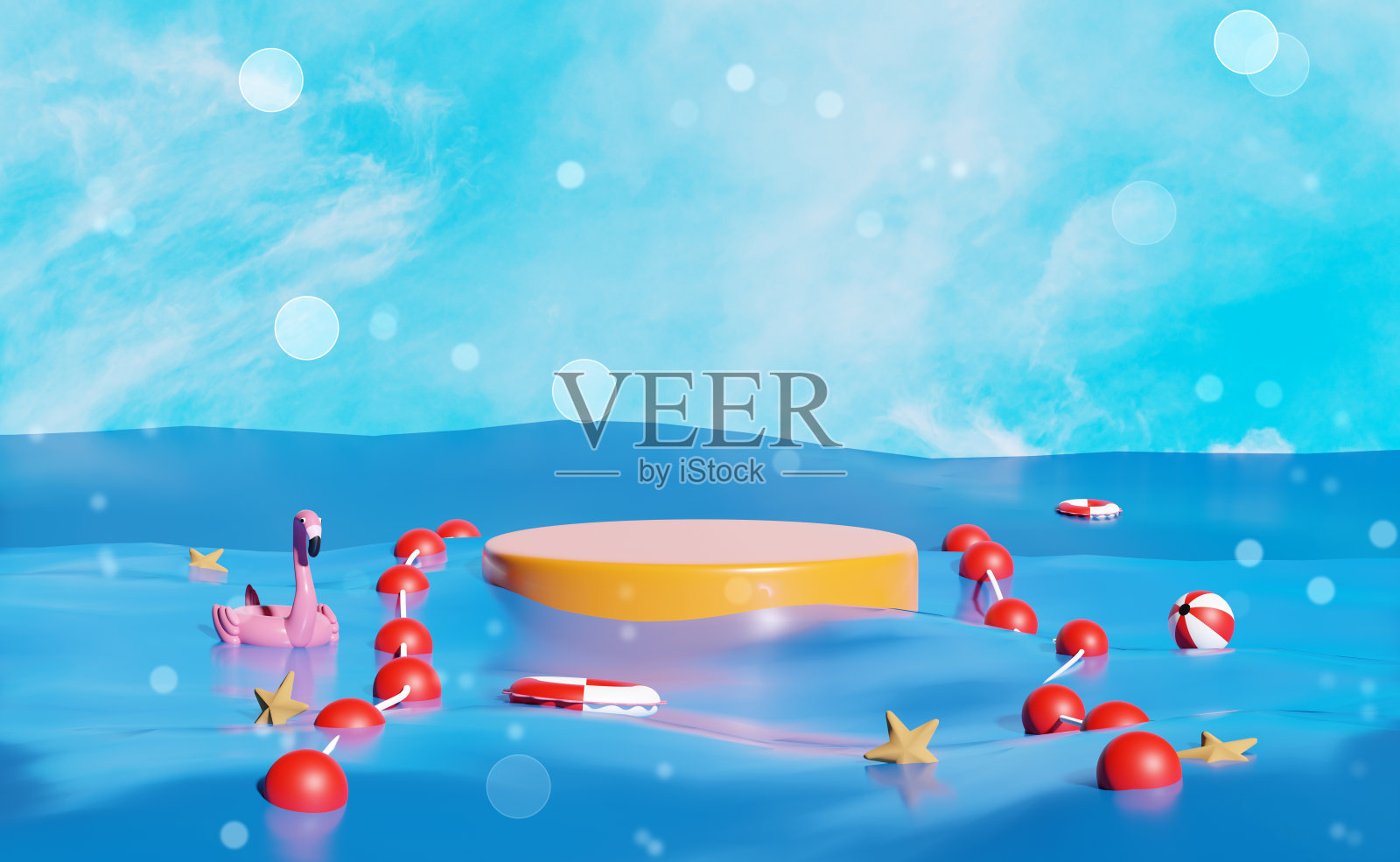 圆柱形舞台讲台上空有夏日海、浮标、充气火烈鸟、救生圈、散景、海星孤立在蓝天背景上。购物夏季销售概念3d插图或3d渲染照片摄影图片