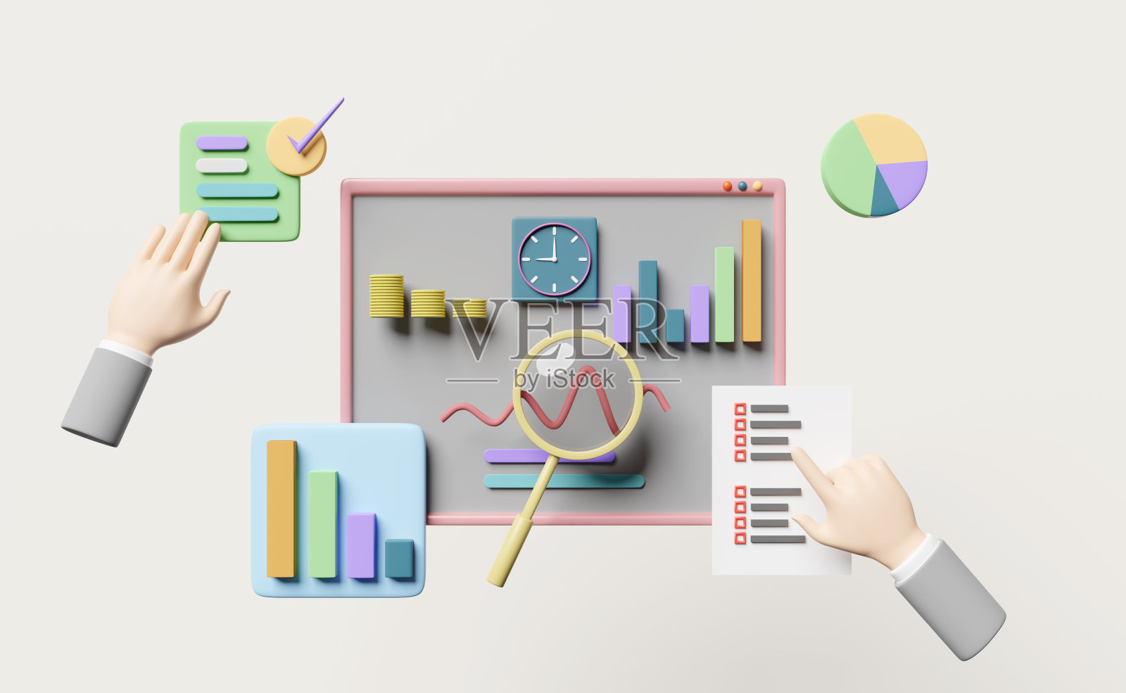 图表和图表与商人的手，检查，分析业务财务数据，时钟，放大隔离在灰色背景，在线营销业务战略概念，3d插图或3d渲染照片摄影图片