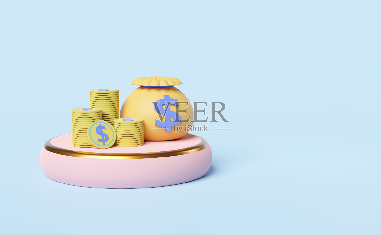 圆柱舞台讲台与堆钱袋美元，硬币隔离在蓝色粉彩背景，贷款审批，商业银行，投资概念，3d插图或3d渲染照片摄影图片