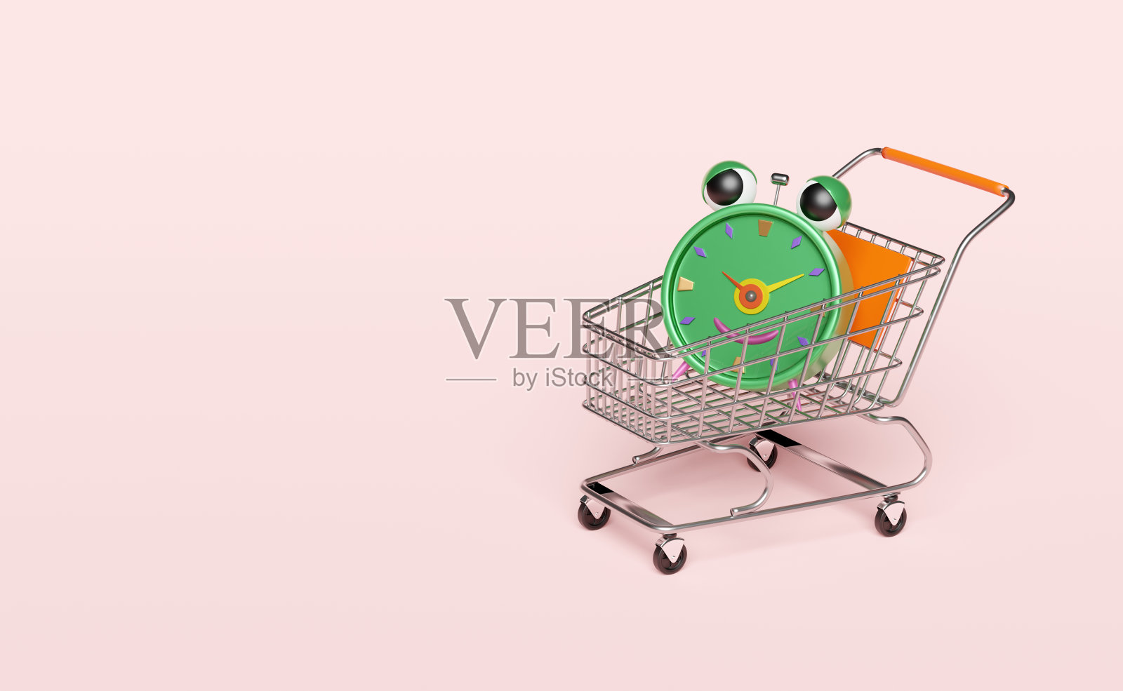 不锈钢购物车卡通人物绿色闹钟唤醒时间早晨孤立在粉红色背景。限时提供购物销售概念，3d插图或3d渲染照片摄影图片