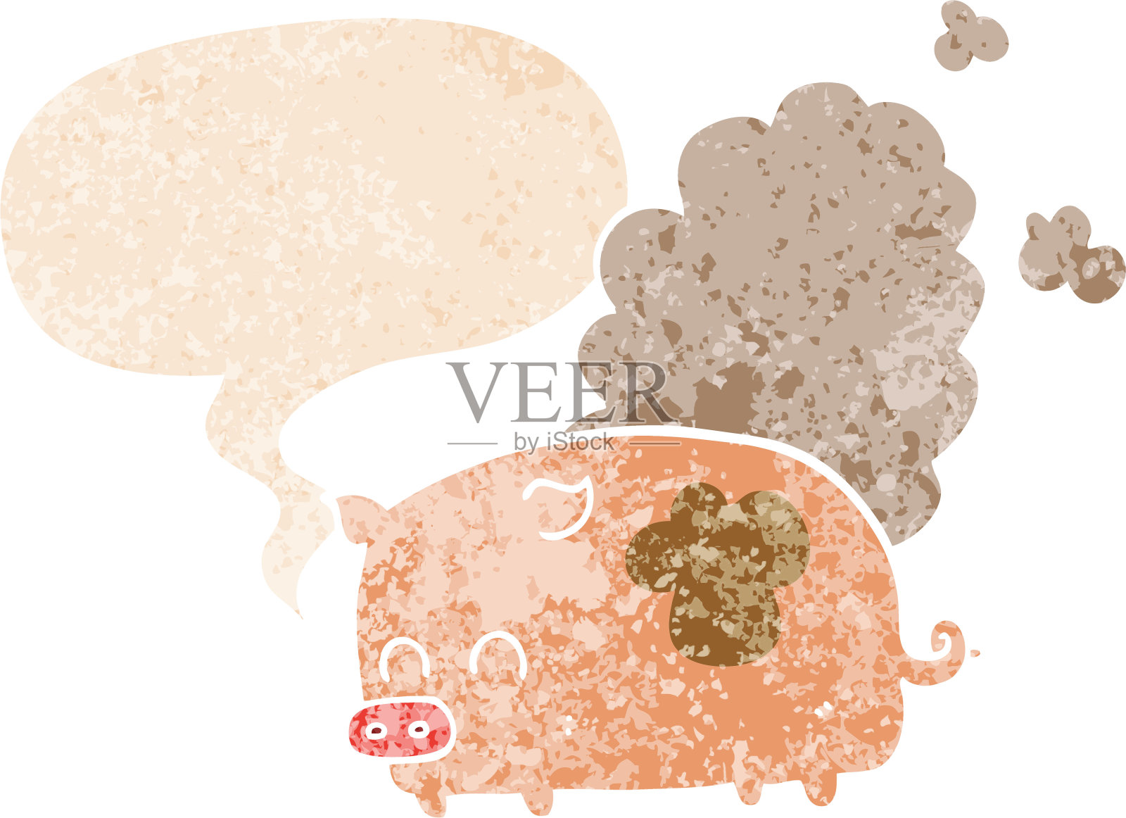 卡通臭猪与语音泡沫在垃圾摇滚心疼复古纹理风格插画图片素材