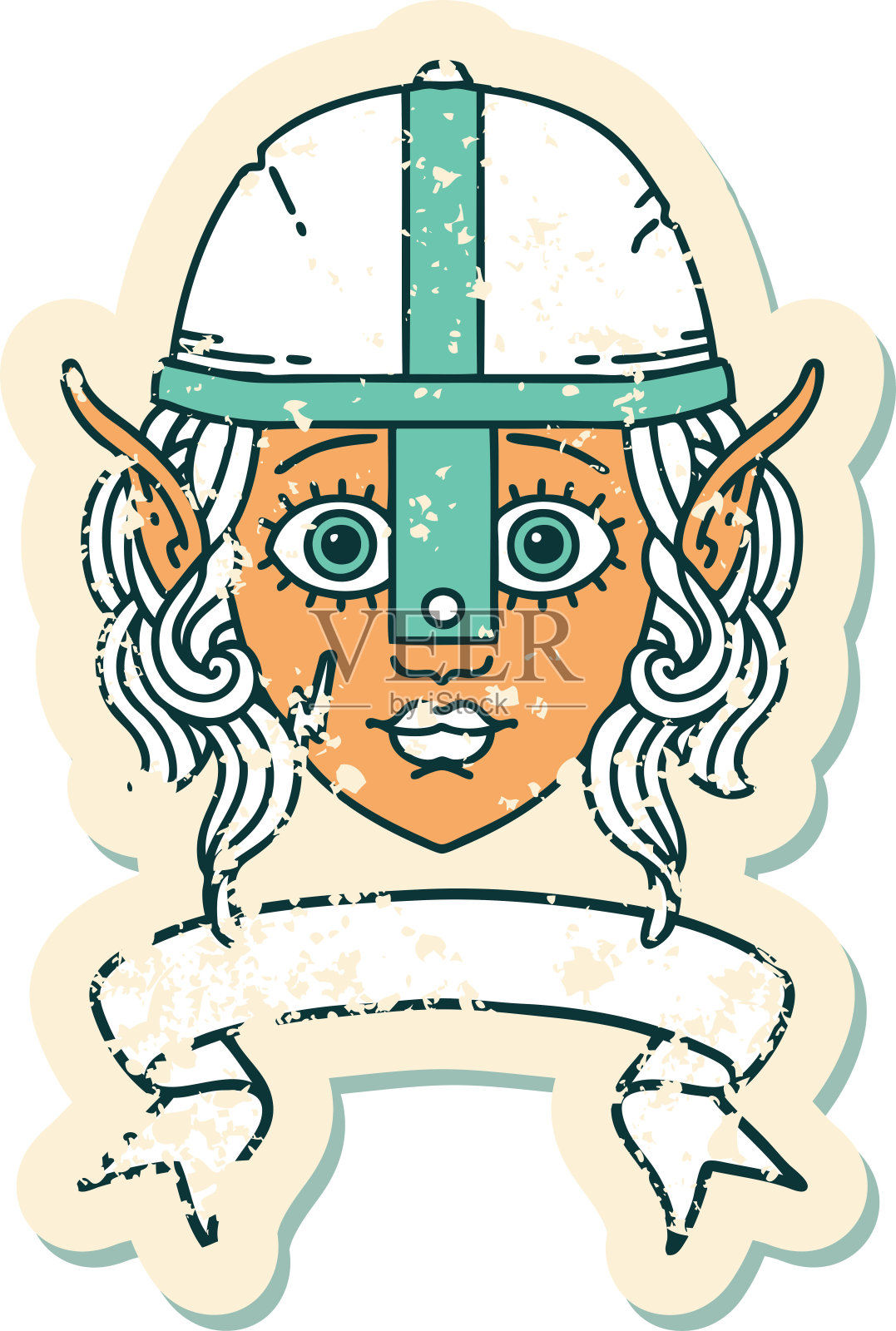 复古纹身风格的精灵战士人物脸与旗帜插画图片素材