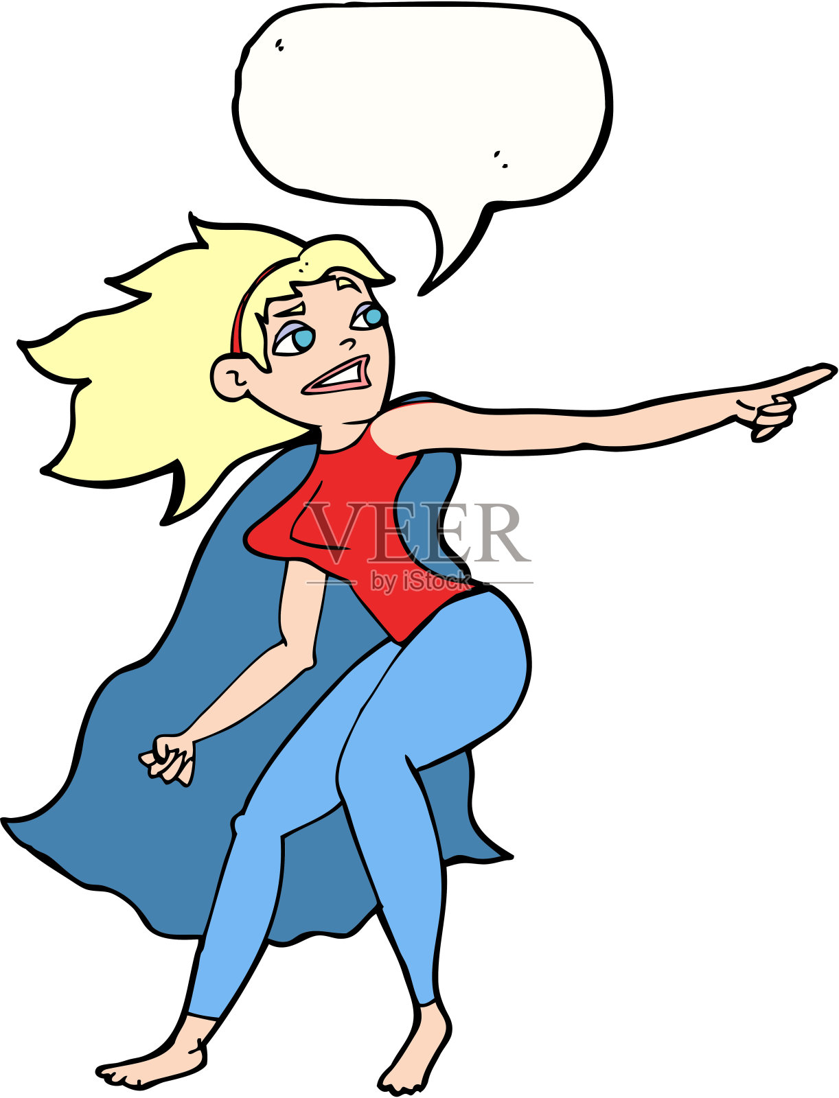 卡通超级英雄女人指着说话泡泡插画图片素材