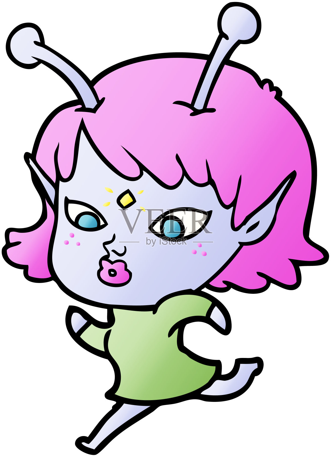 漂亮的卡通外星人女孩在跑插画图片素材