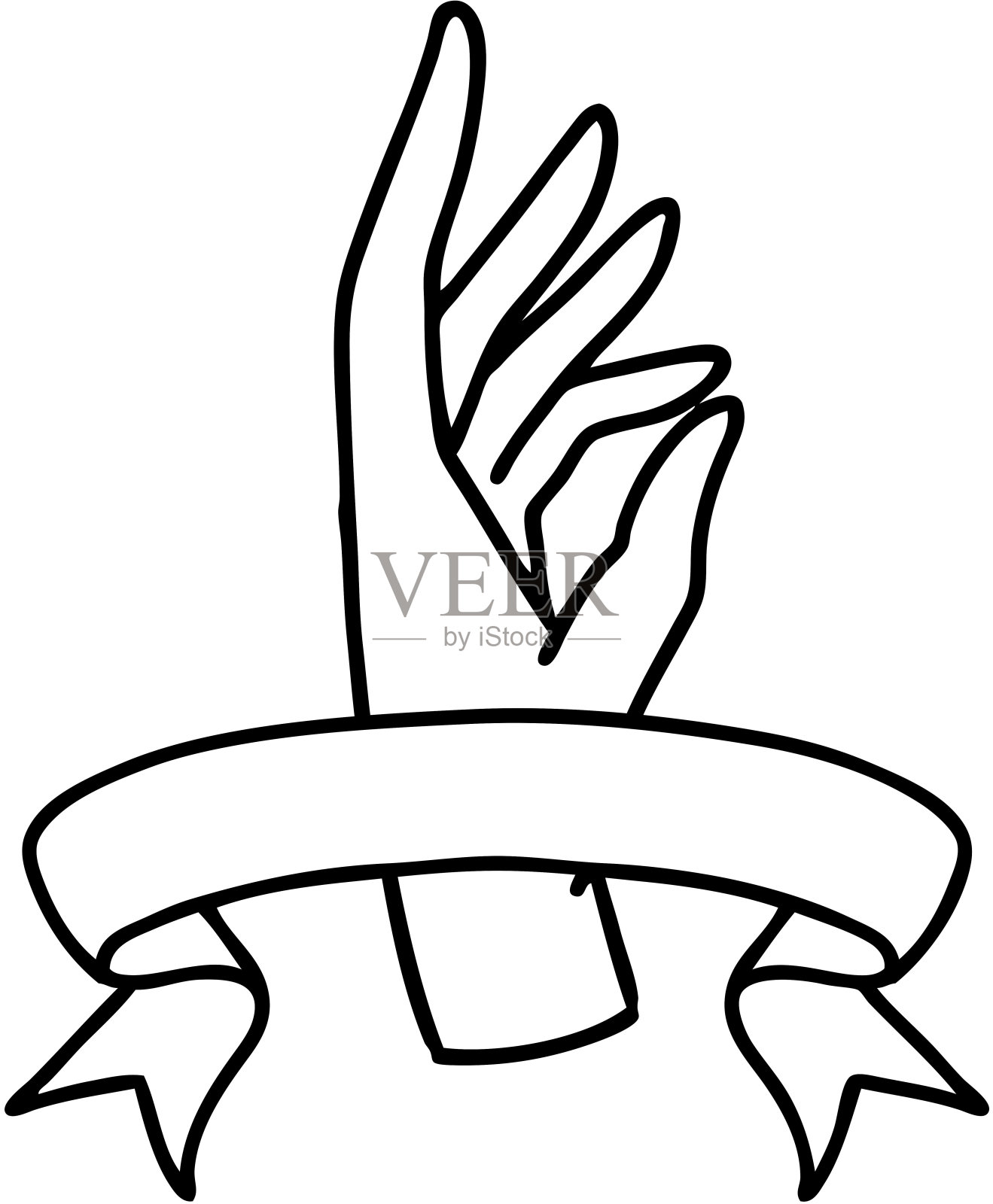 传统的黑色线条纹身与旗帜的手插画图片素材