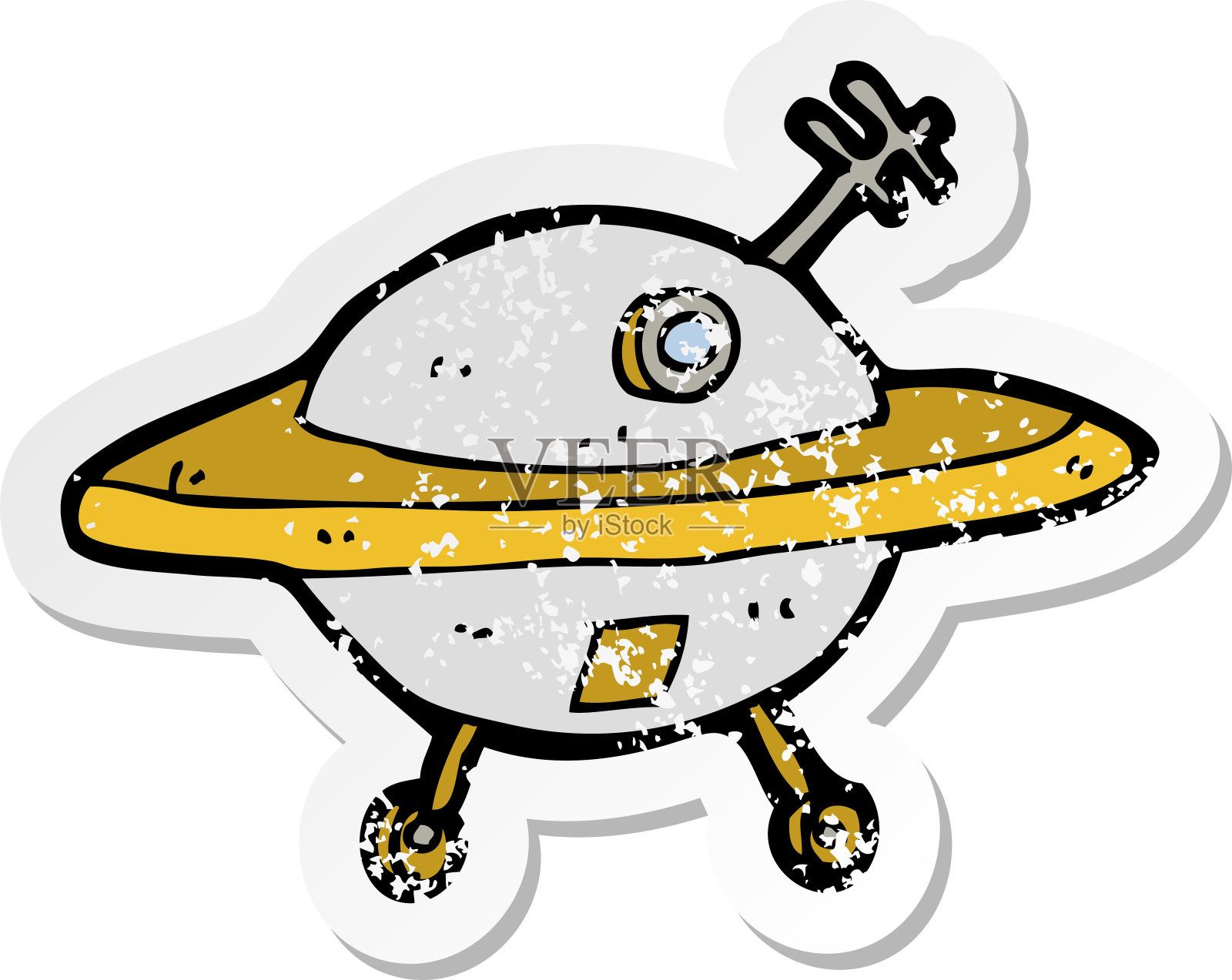 一个卡通飞碟的复古心疼贴纸插画图片素材