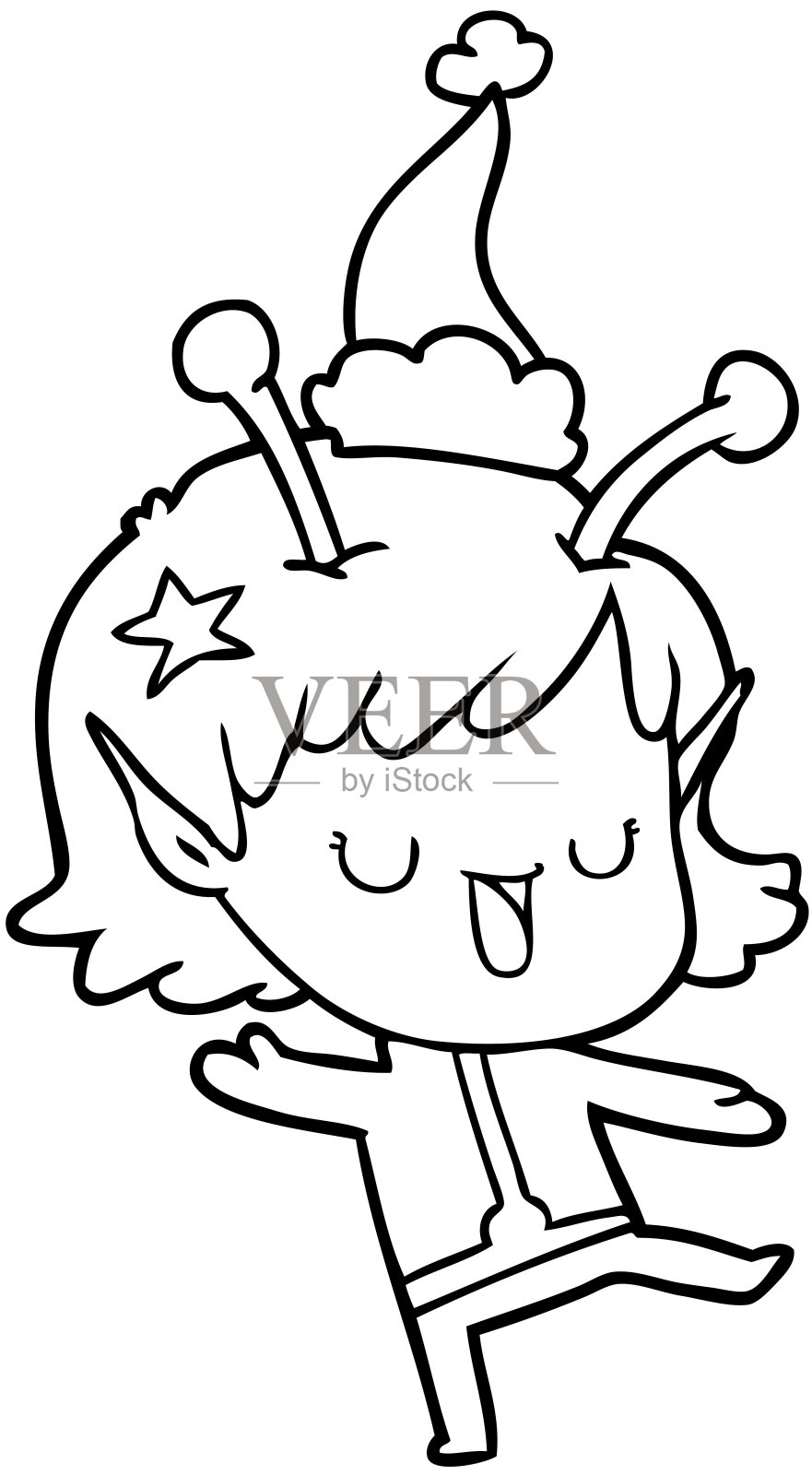快乐的外星女孩手绘了一顶戴着圣诞老人帽子的线条画插画图片素材