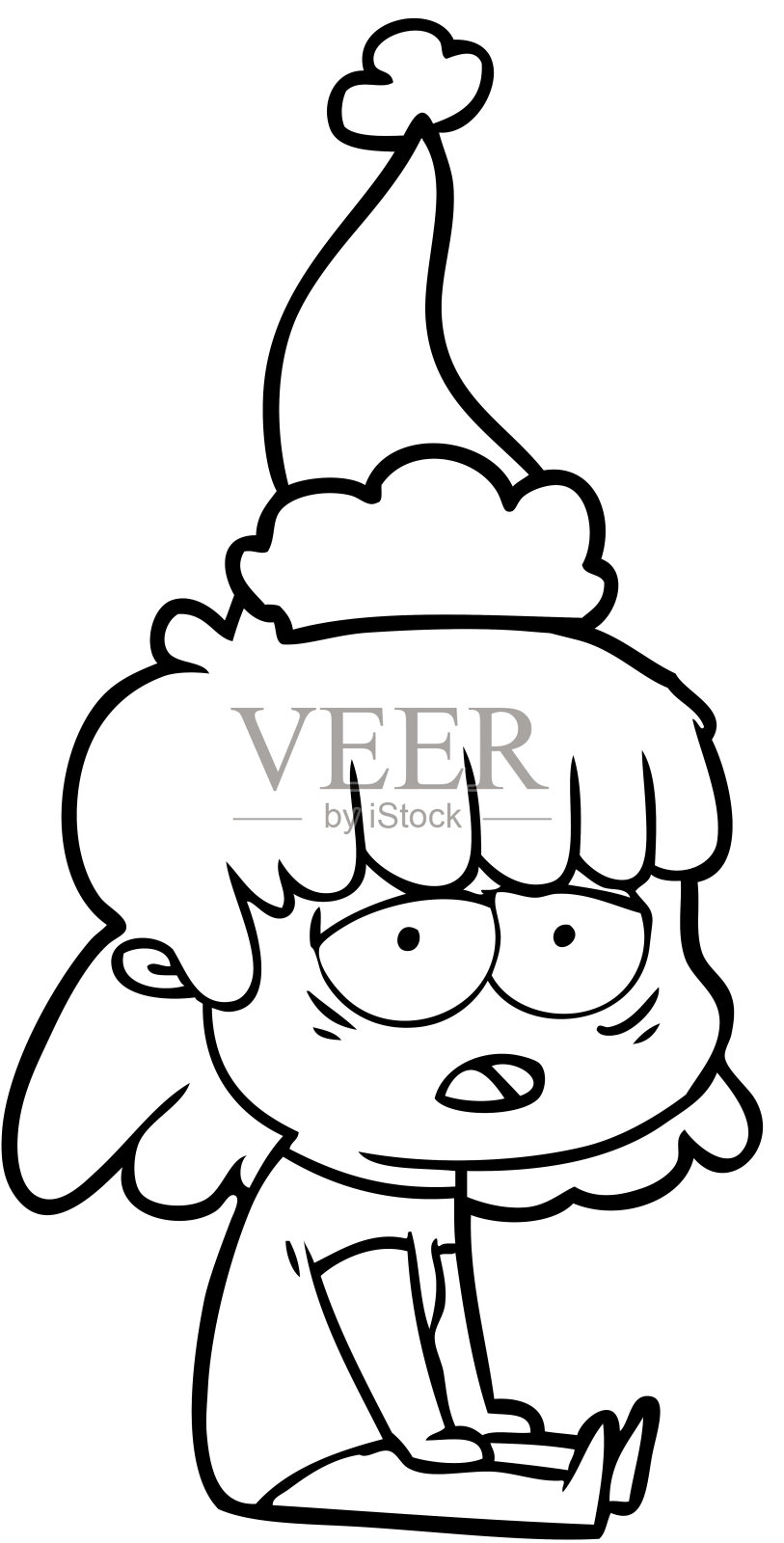 手绘线画疲倦的女人戴着圣诞老人的帽子插画图片素材