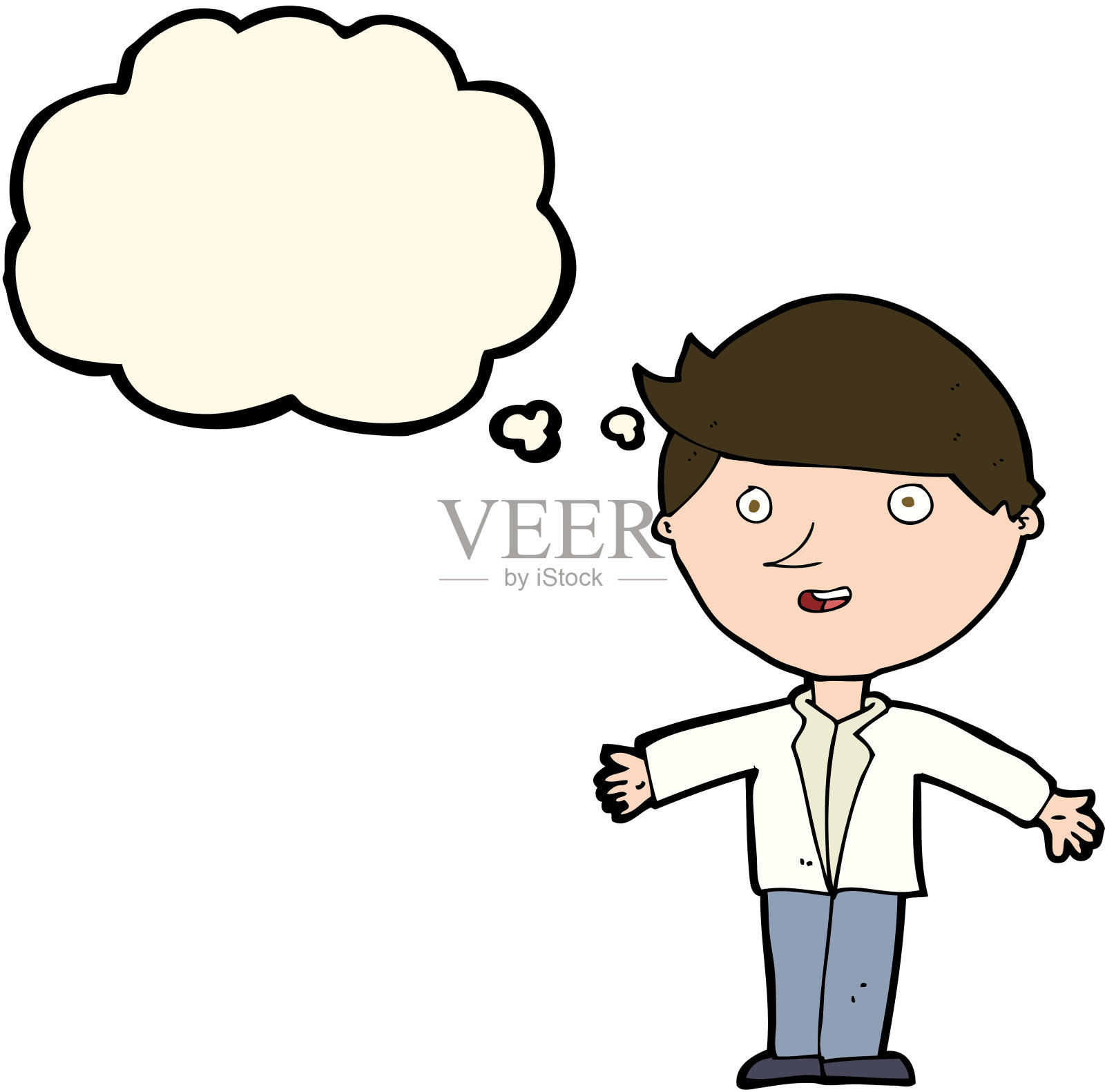穿着休闲夹克的卡通男人，带思维泡泡插画图片素材