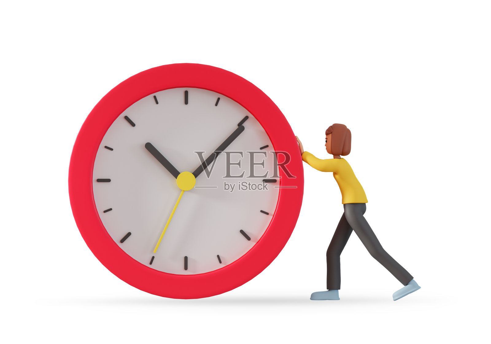 3d插图的妇女推动巨大的时钟孤立在白色背景。停止时间概念与3d成人女孩角色推动大钟。照片摄影图片